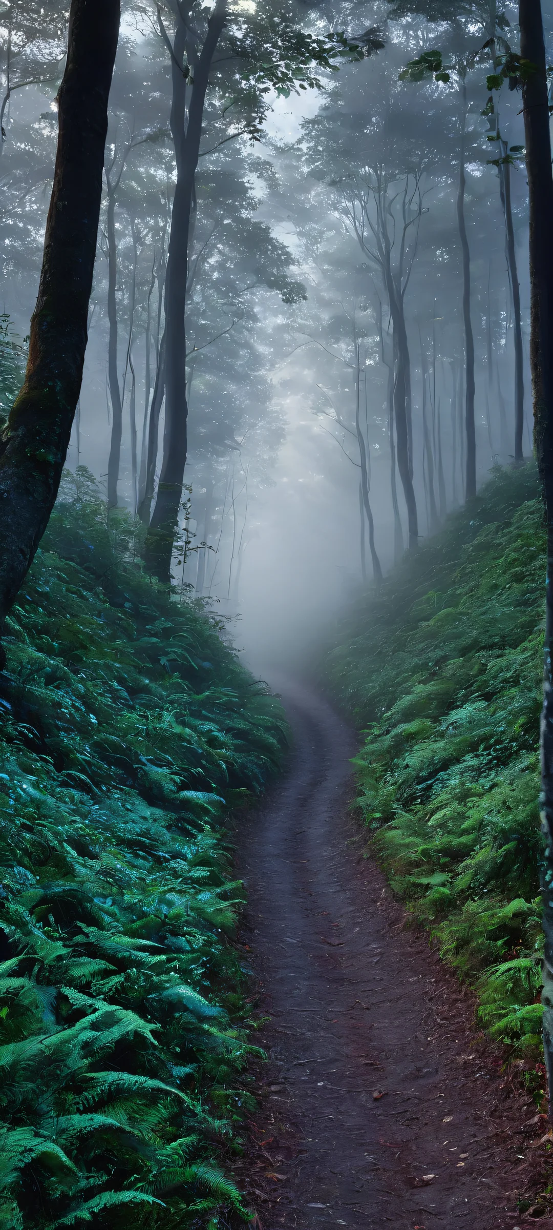 A serene mobile wallpaper of a misty forest path under the cover of darkness, lit by the soft glow of moonlight. Perfect for your iPhone or Android home screen.