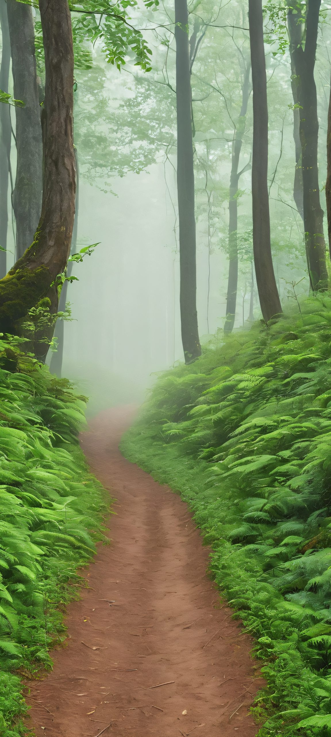 Breathtaking vertical mobile phone wallpaper of a misty forest path for iPhone and Android devices.