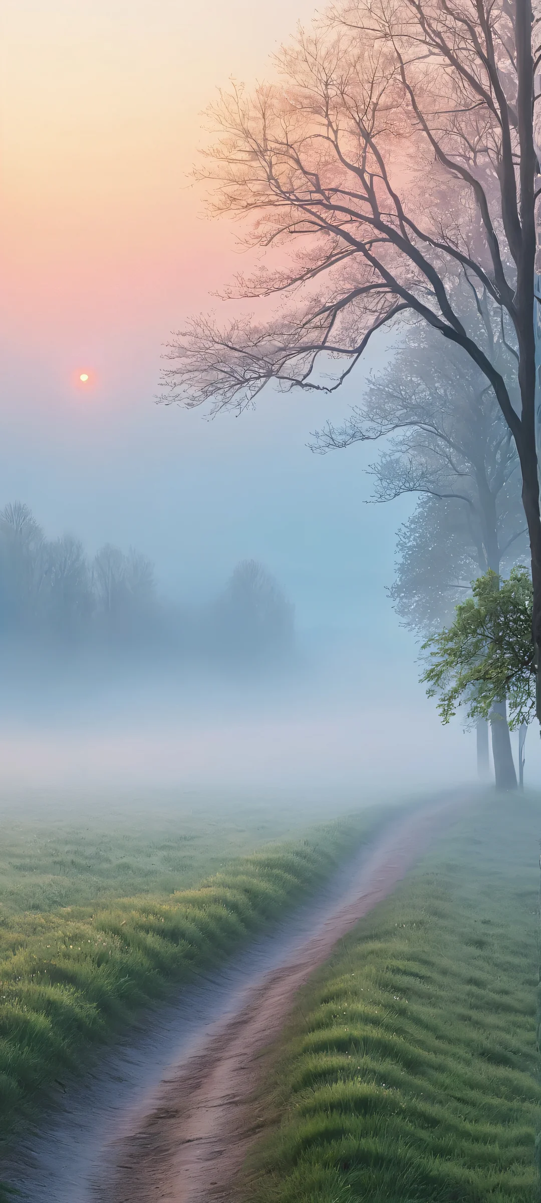 iPhone and Android users, immerse yourself in a serene misty morning landscape with soft pastel hues, perfectly optimized for your mobile device.