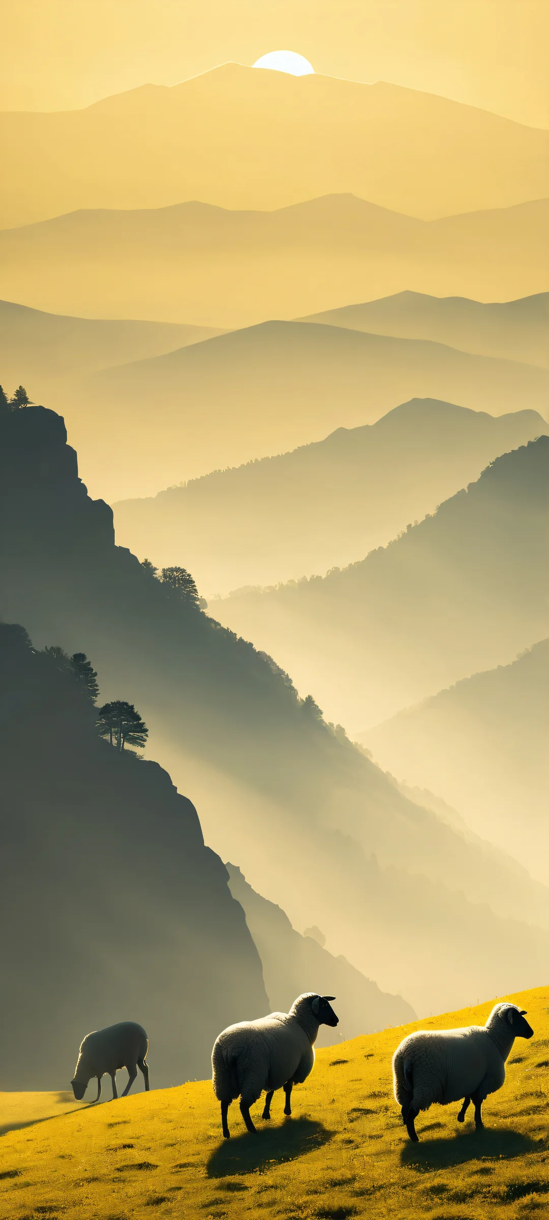 A serene landscape of sheep grazing beneath the misty mountain silhouette on a sunny day, perfect for iPhone/Android home screens.