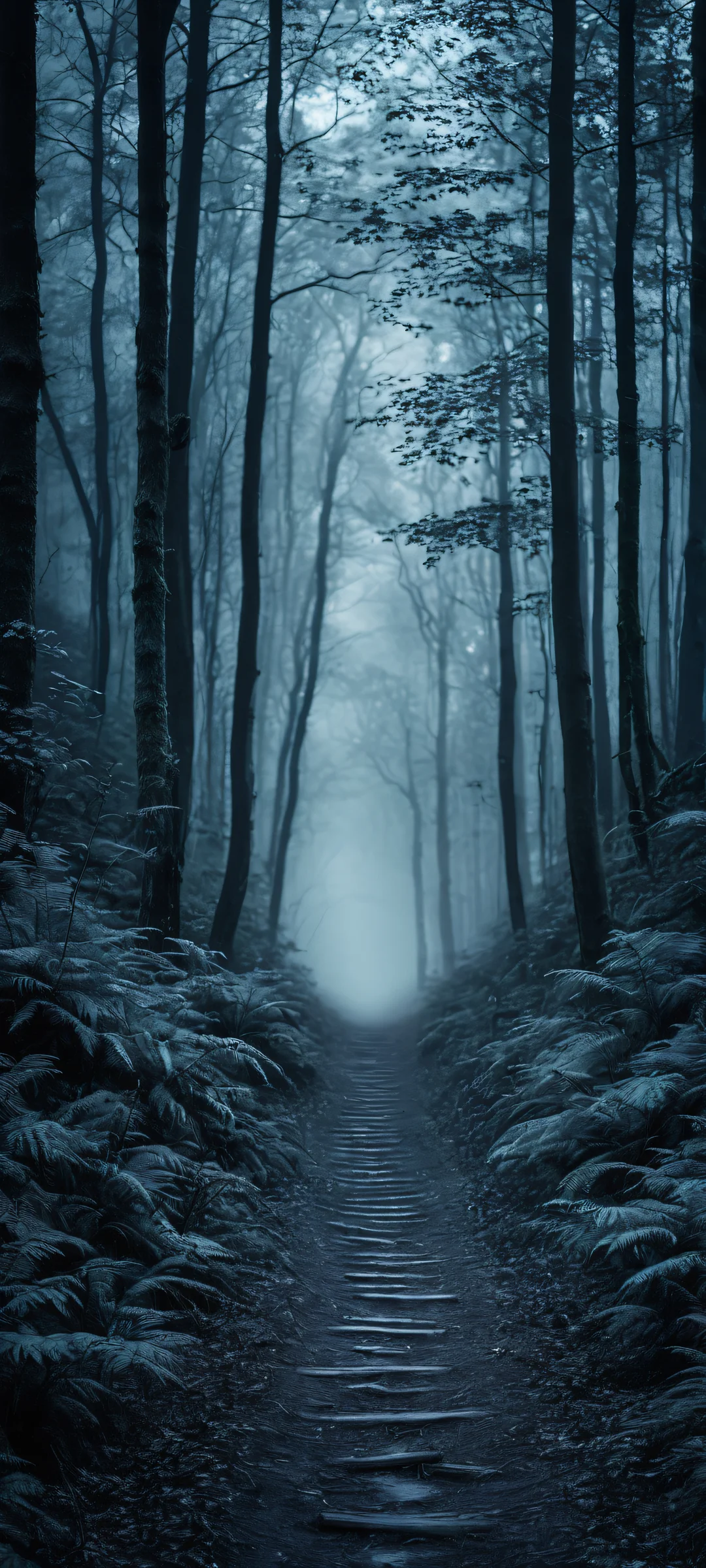 A dark and misty night forest path, perfectly optimized for iPhone/Android home screens.