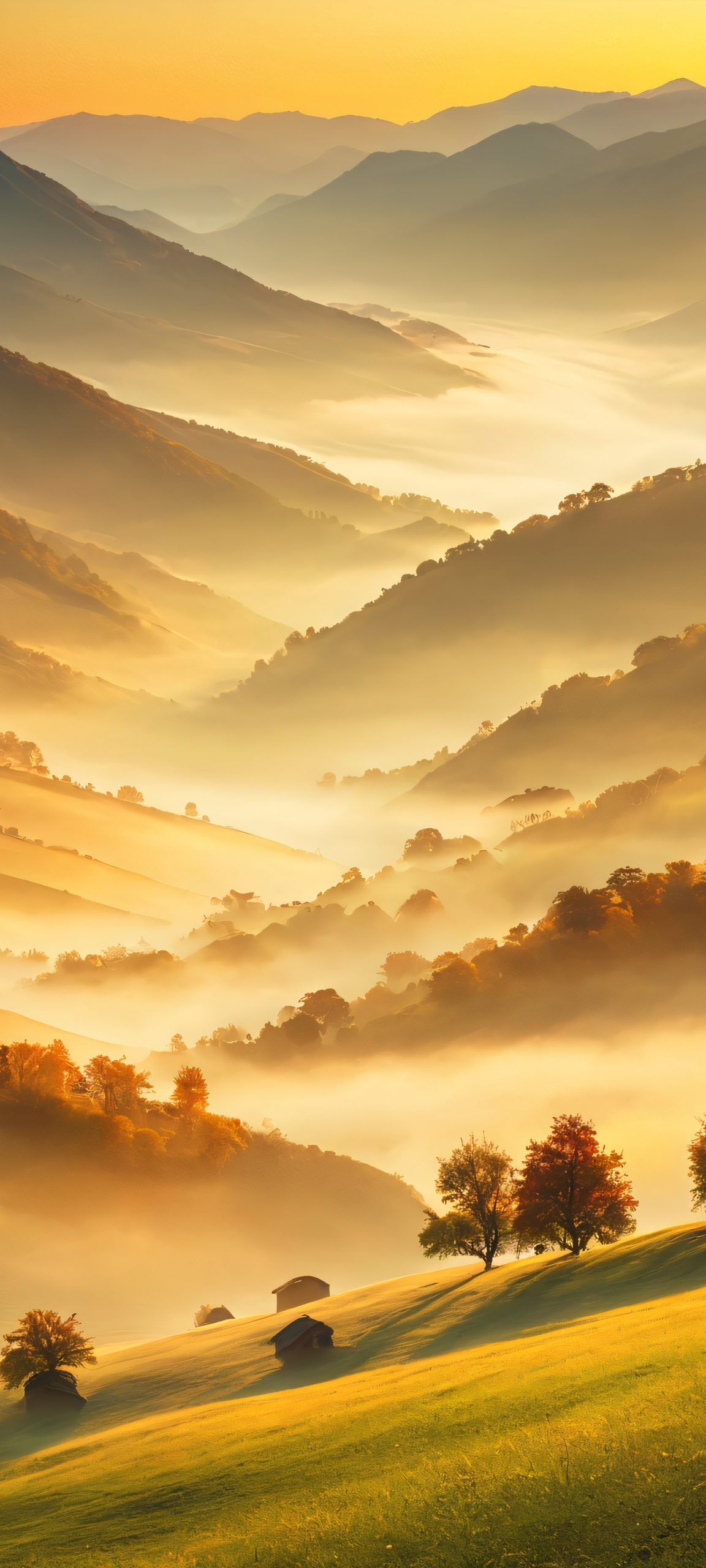 Misty Valley Morning Glow 2K Phone Wallpaper iPhone and Android users will love this stunning misty valley morning light wallpaper featuring warm colors and perfect details.