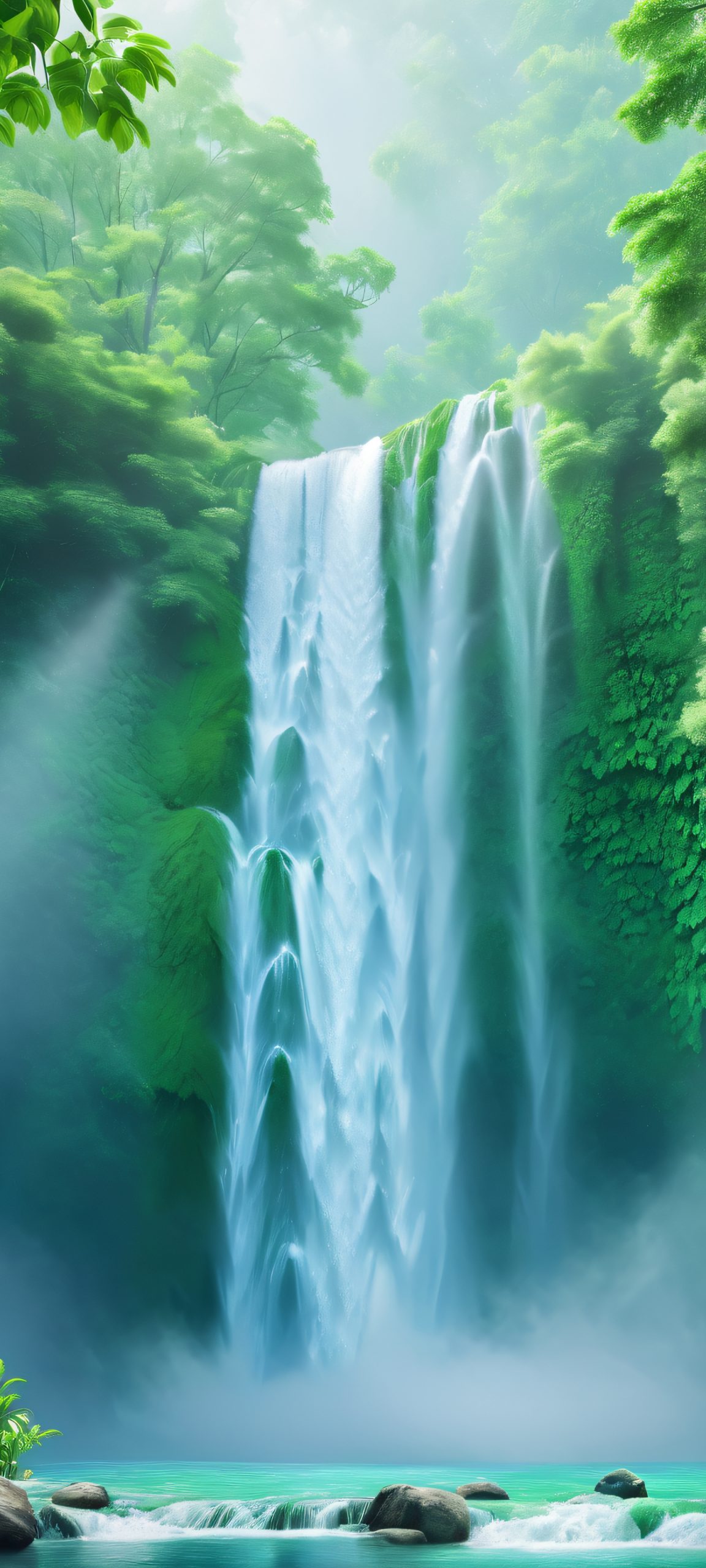 A serene misty waterfall scene on a stunning green and blue background, perfectly optimized for iPhone and Android home screens.