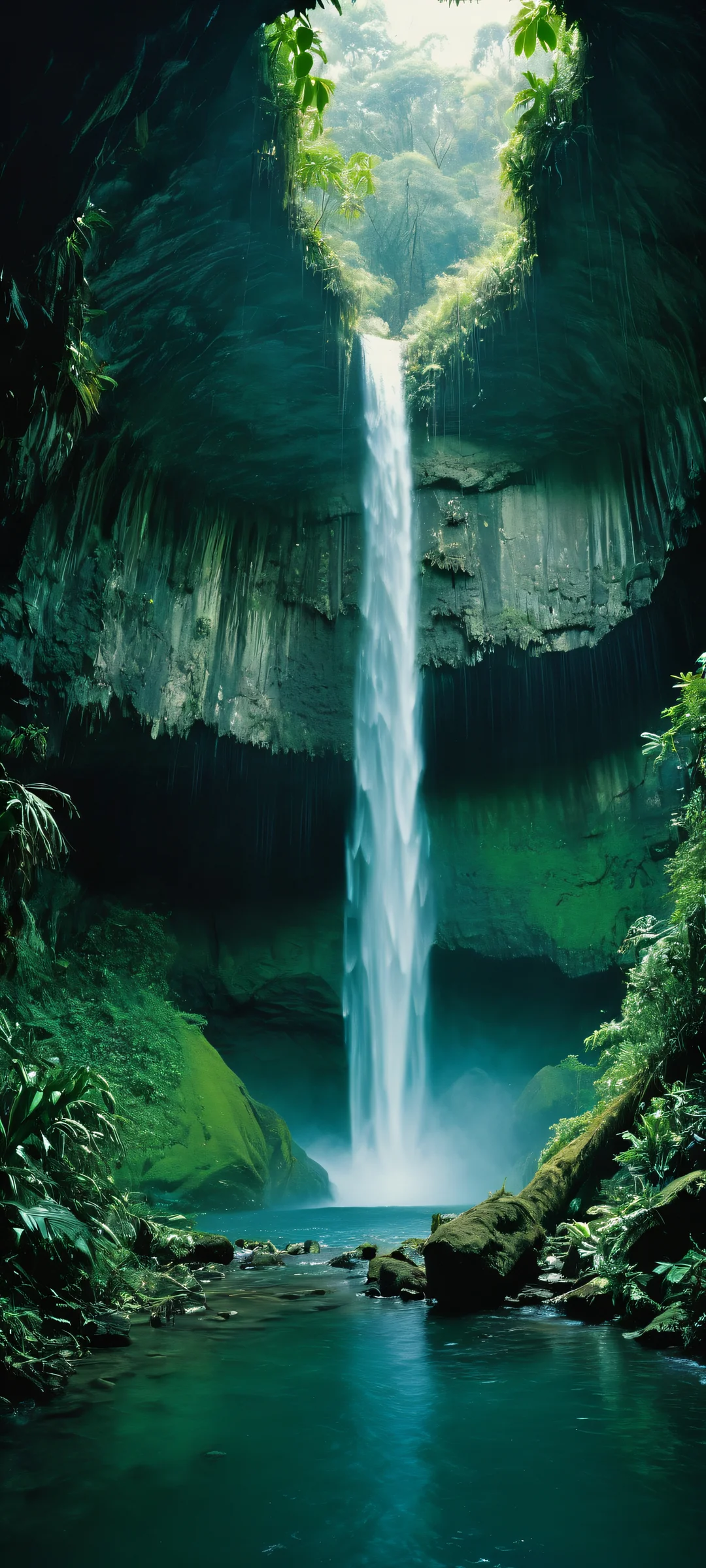 A breathtaking waterfall scene from the depths of a mystical jungle, perfectly suited for iPhone and Android home screens.