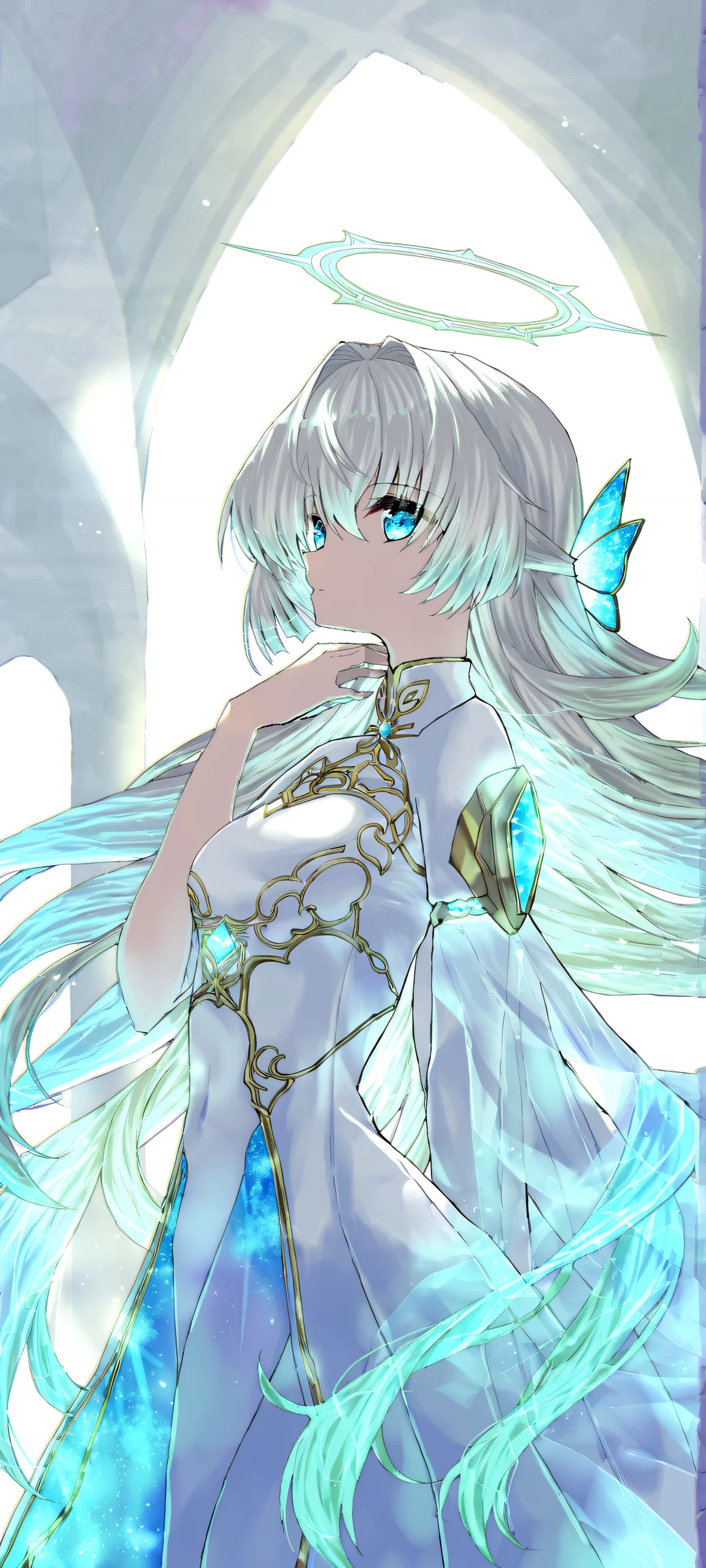 Beautiful anime illustration of Misuzu against a white background with a luminescent halo surrounding her head. Perfect for iPhone or Android home screens.