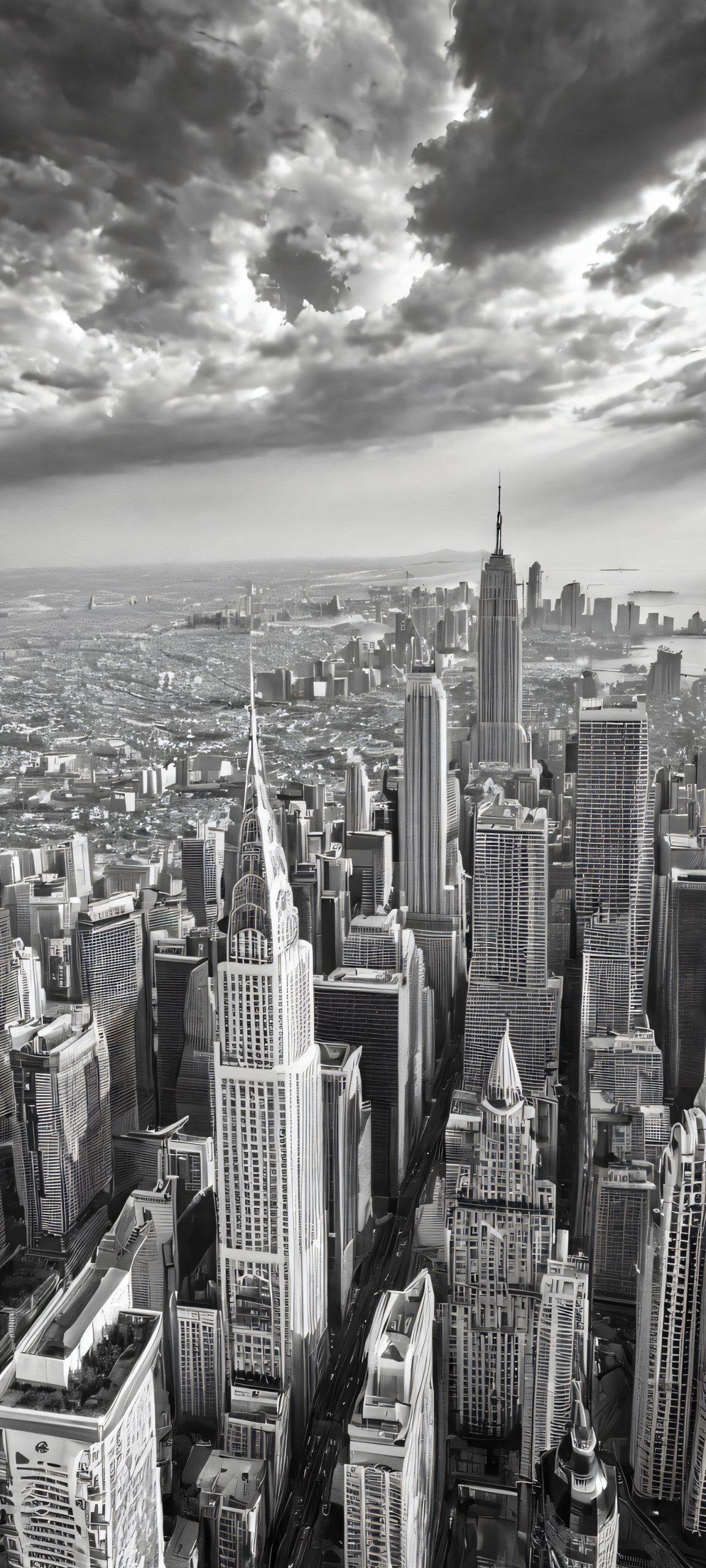 iPhone/Android compatible mobile wallpaper featuring a stunning monochromatic cityscape under an overcast sky, perfectly optimized for your mobile home screen