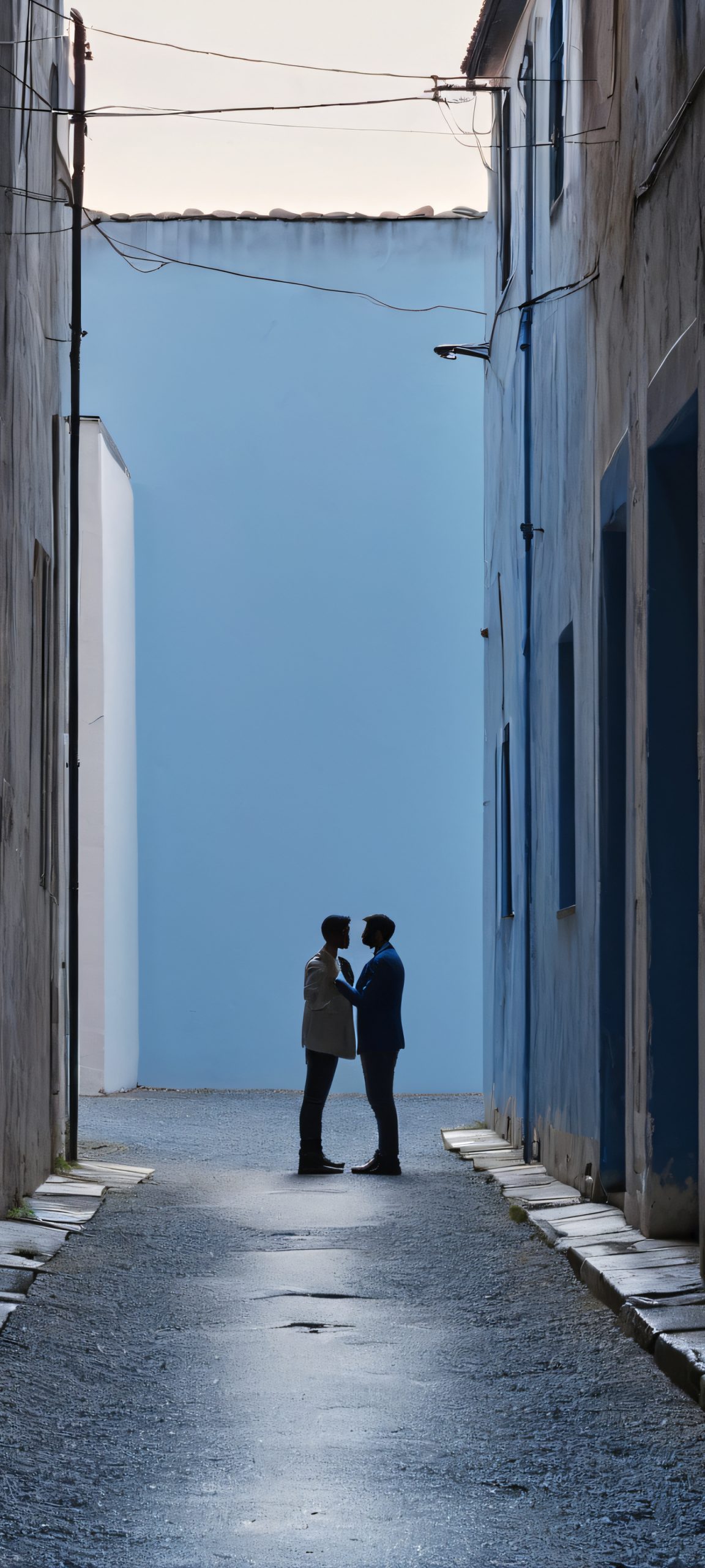 Couple embracing in a dimly lit abandoned alleyway, iPhone/Android