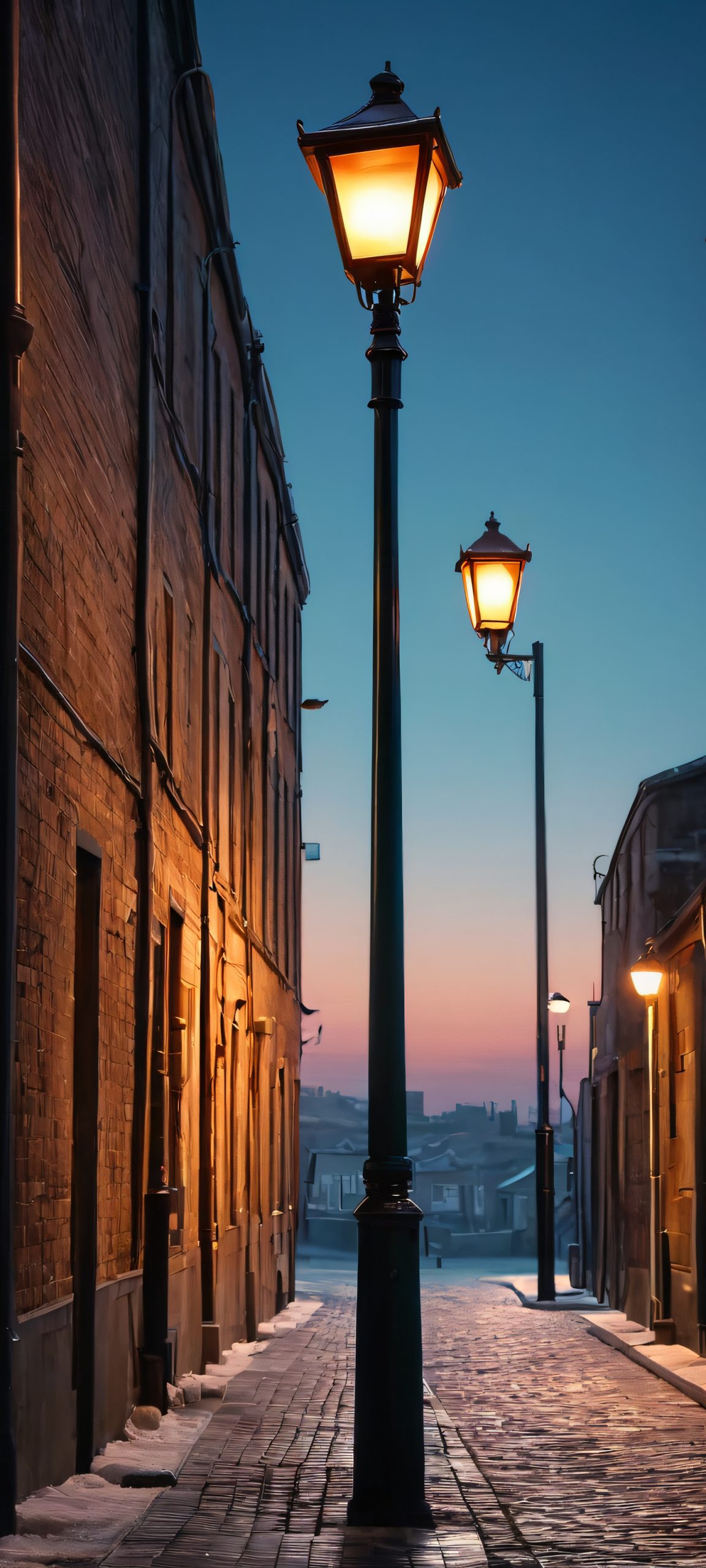 A serene Lamppost stands tall in a dark alleyway, perfect for setting the mood on your iPhone or Android
