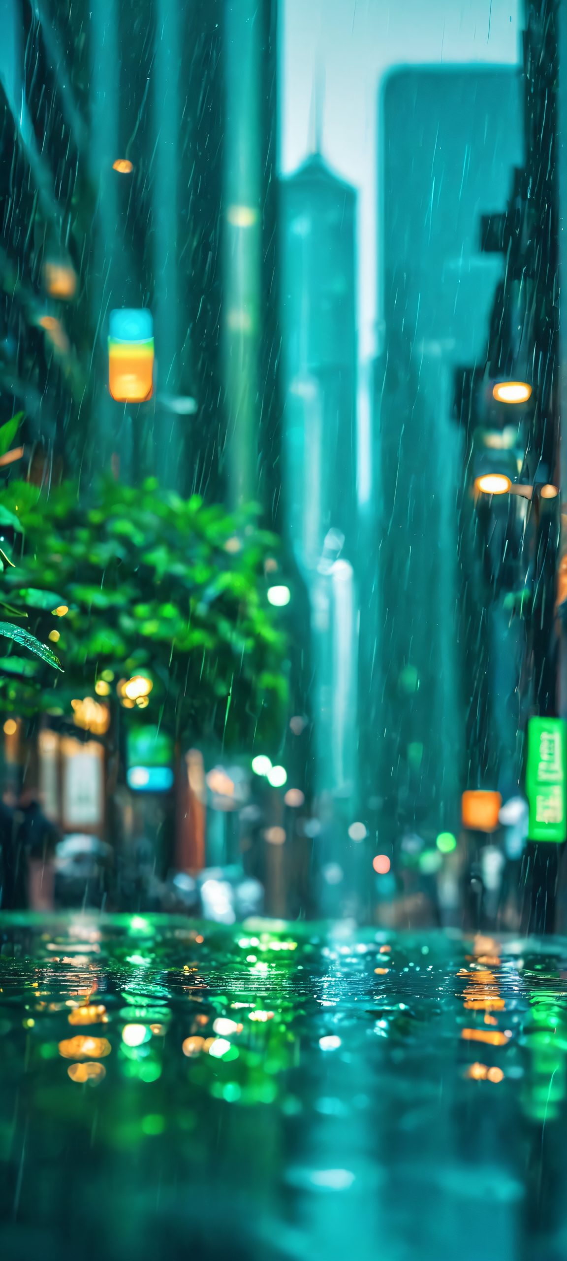 A stunning vertical cityscape at night, featuring deep blues and greens, perfectly suited for iPhone/Android screens.