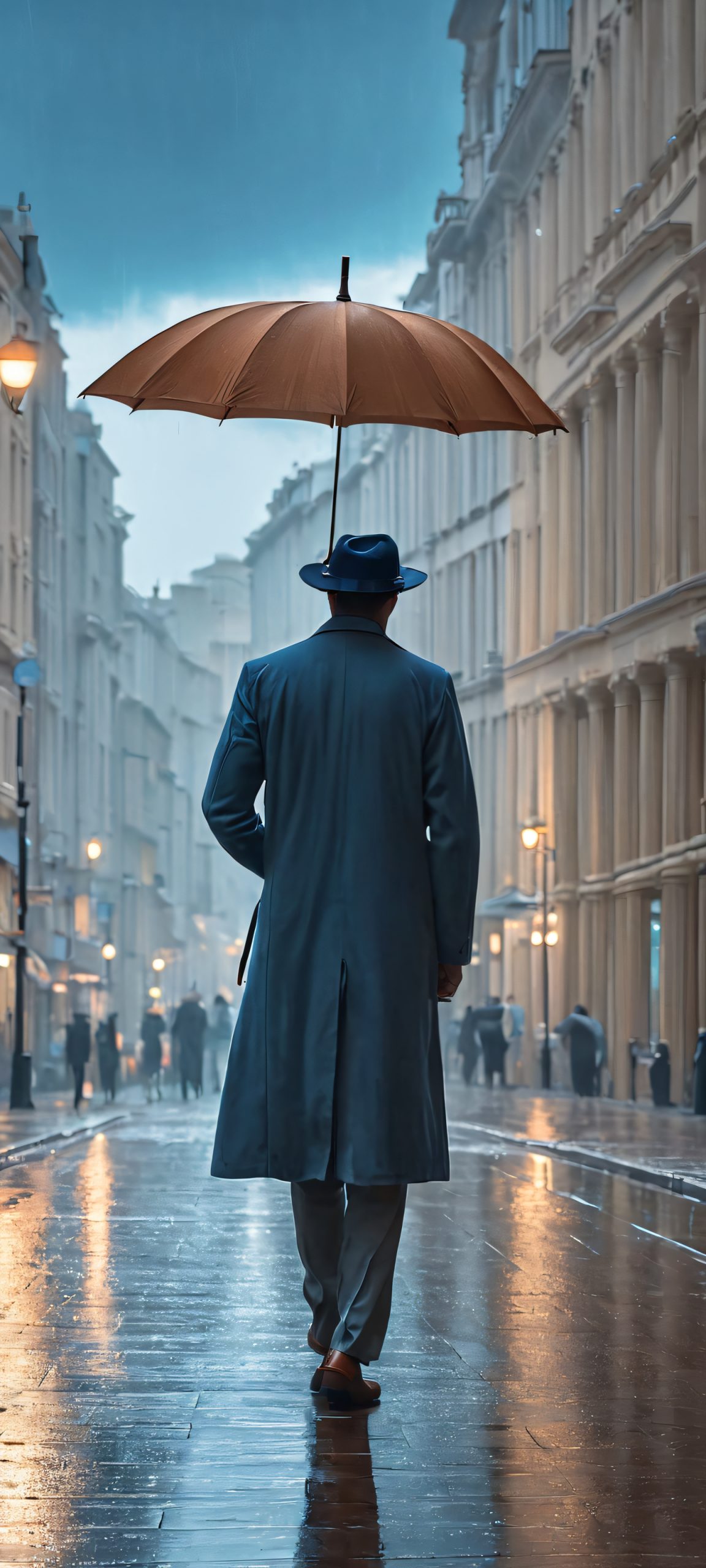Moody City Stroll 2K QHD Mobile Wallpaper A man with an umbrella strolling on a gray and rainy city street during a cloudy day. Perfect for iPhone or Android home screens.