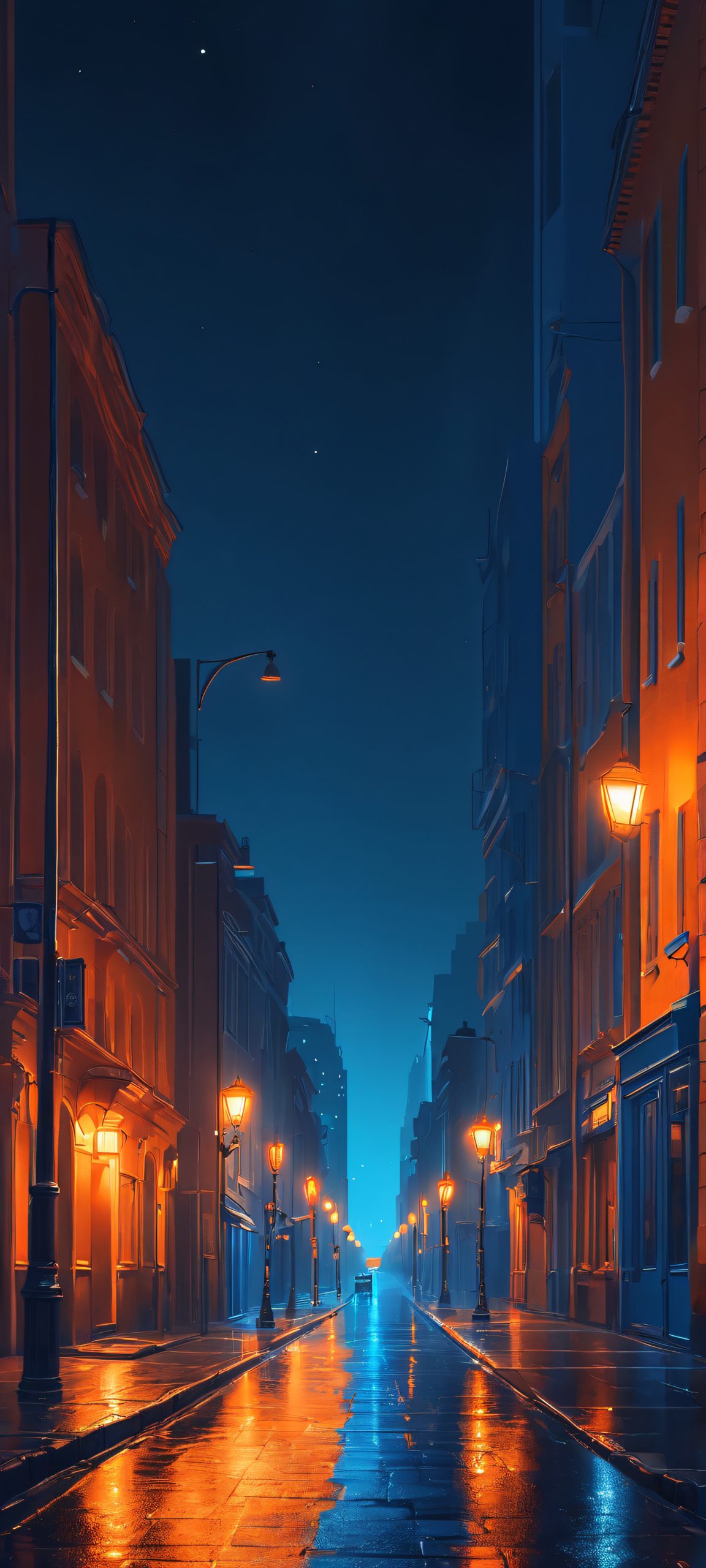 Moody City Streetscape 2K QHD Mobile Wallpaper A stunning night cityscape on iPhone/Android featuring vibrant streetlights and a blend of blue and orange hues.