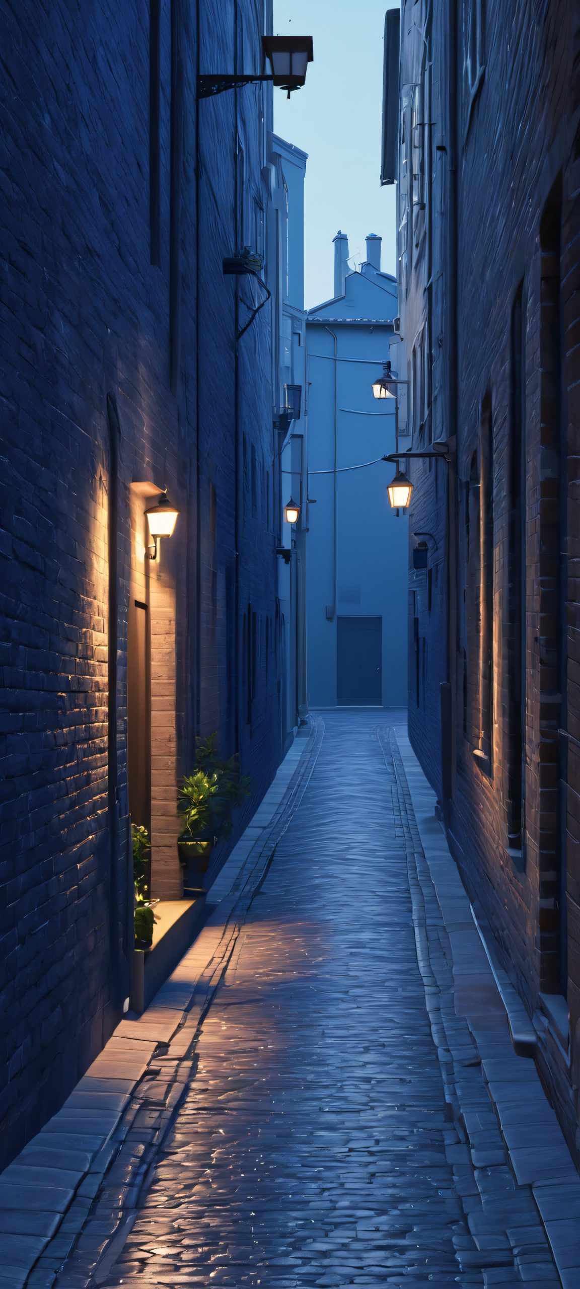 iPhone/Android exclusive wallpaper featuring a captivating cityscape alleyway with a moody blue tinted atmosphere.