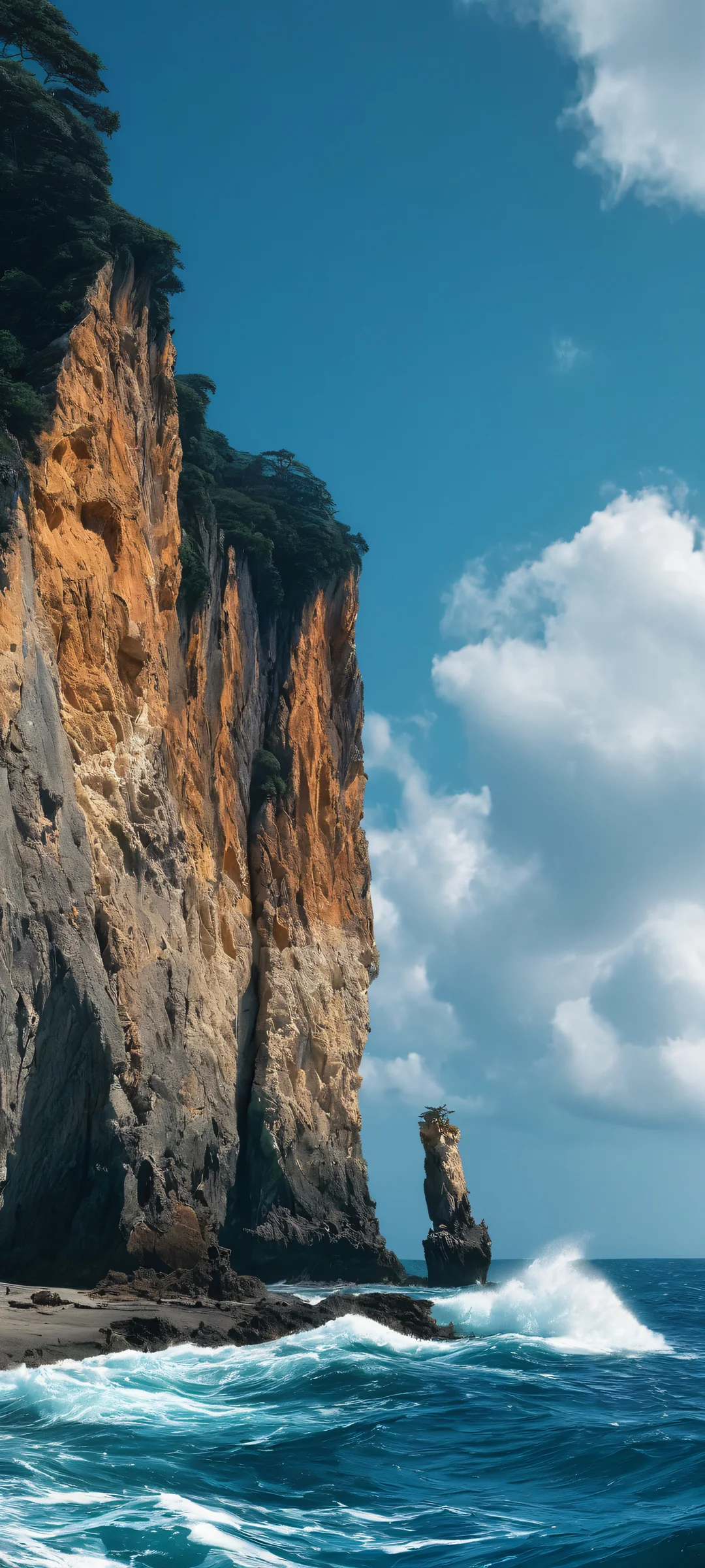 A stunning iPhone/Android wallpaper featuring a breathtaking ocean and cliff scene with dark, moody hues.