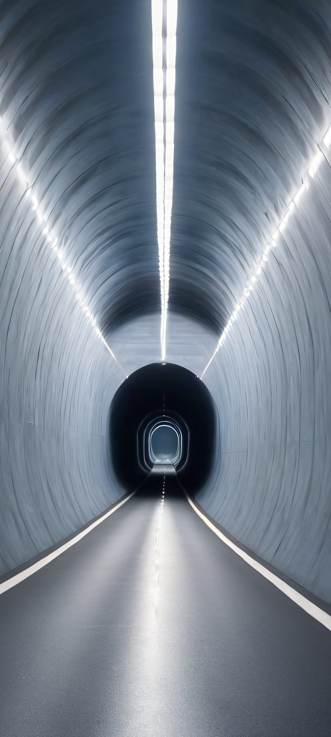 Breathtaking vertical mobile phone wallpaper of a tunnel surrounded by the moody, soft blue and gray hues of the coastal landscape, perfect for iPhone and Android home screens.