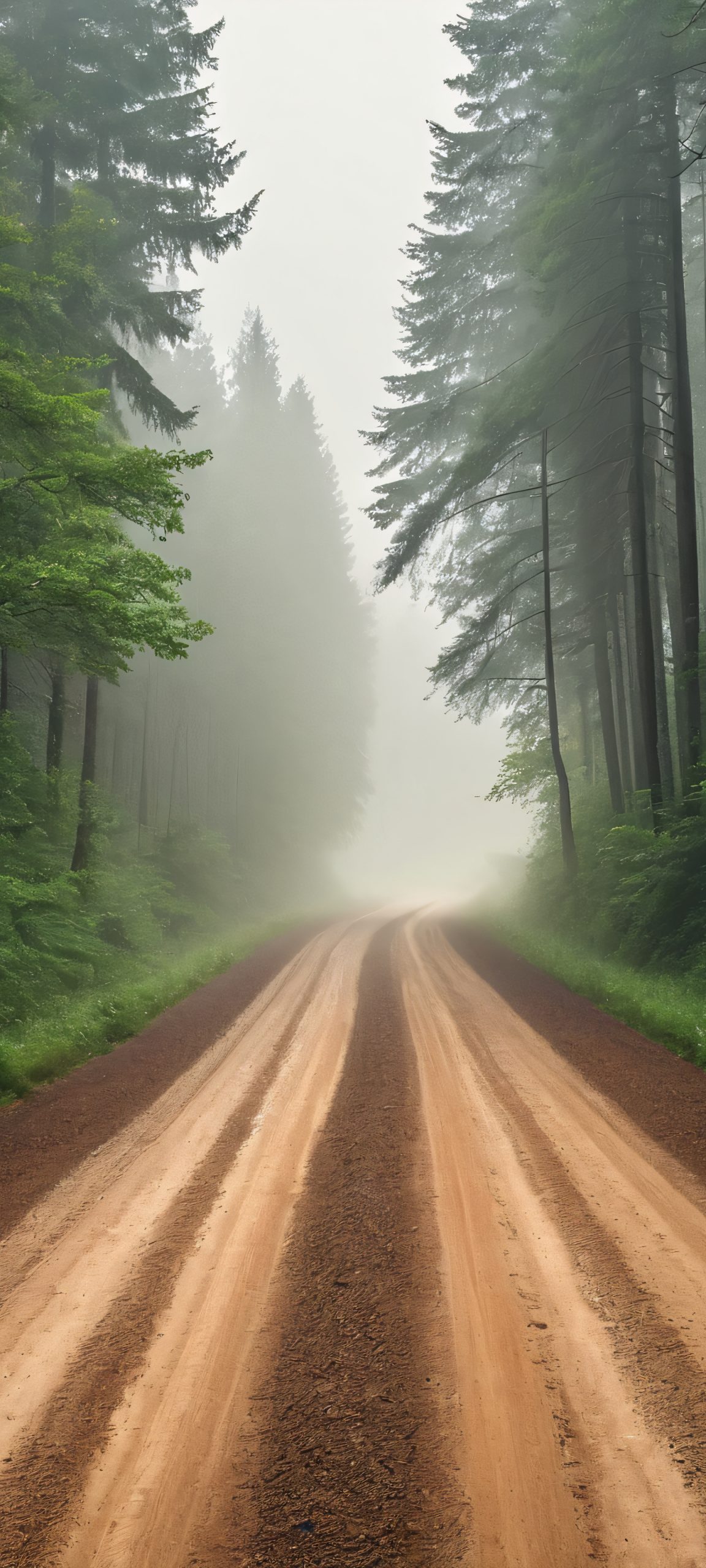 Breathtaking forest road scene for iPhone and Android. Overcast skies and winding dirt road.