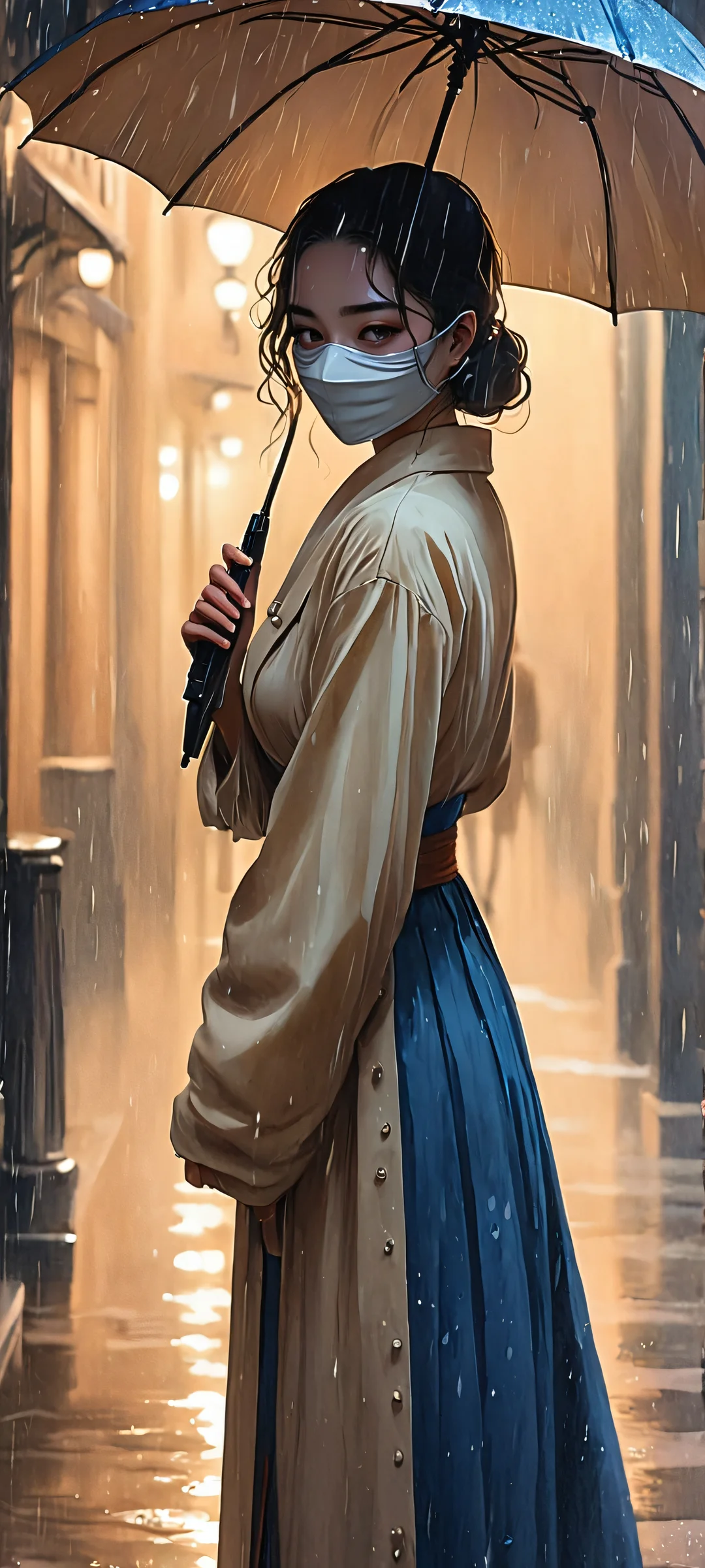 Beautiful masked heroine on a rainy night, watercolor art. iPhone や Android のホーム画面に最適.