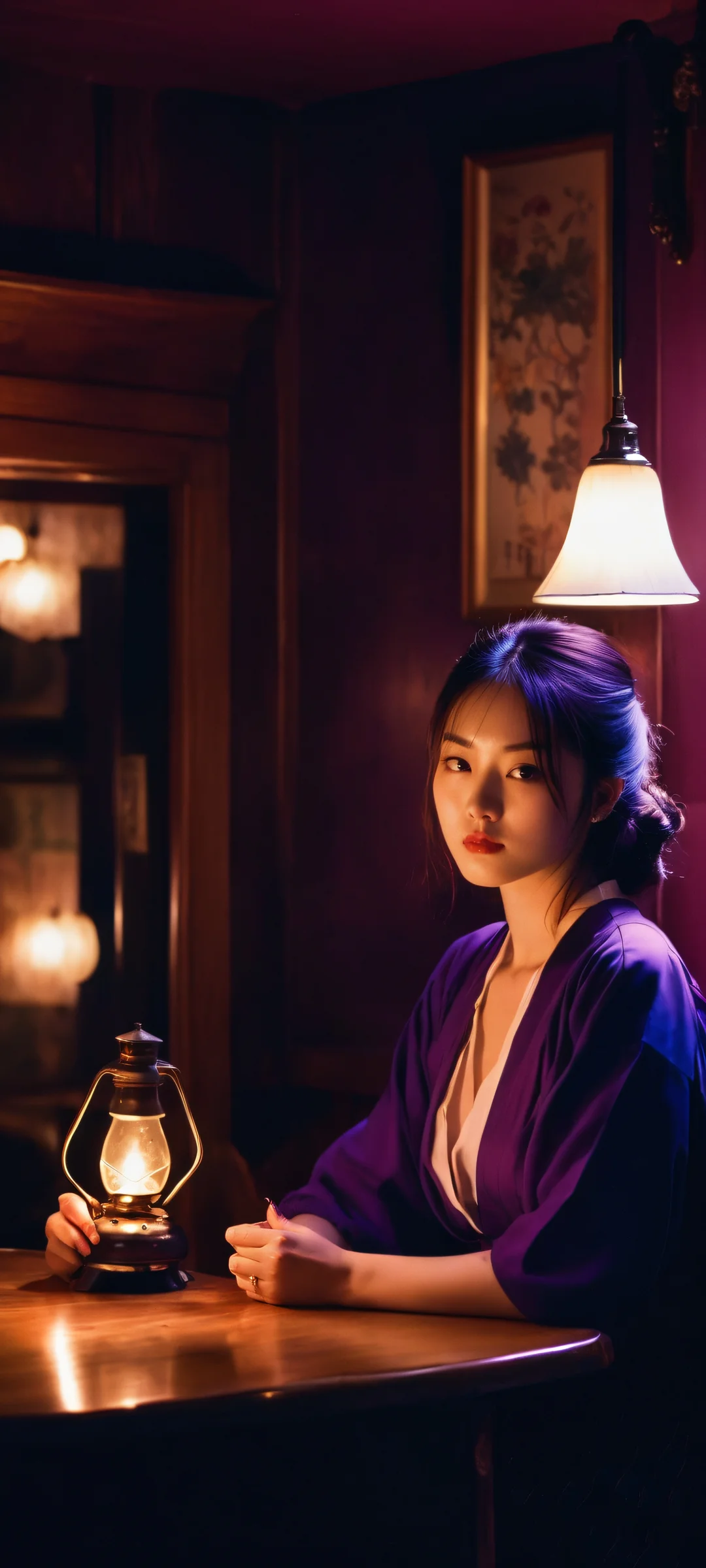 Furious female frenemies in a dimly lit tavern with glowing lamp shadows. Perfect for iPhone/Android home screens.