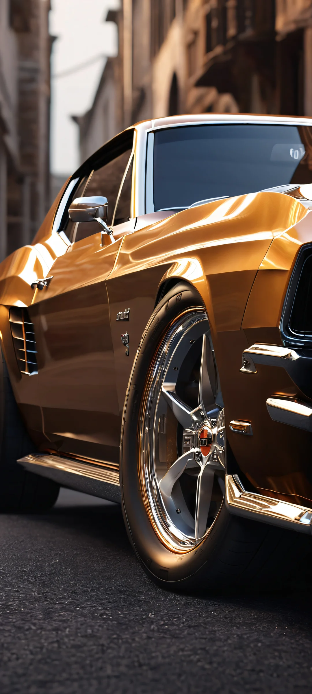 A golden brown and silver vintage muscle car parked on a dark, low-key street. Perfectly optimized for iPhone/Android home screens.