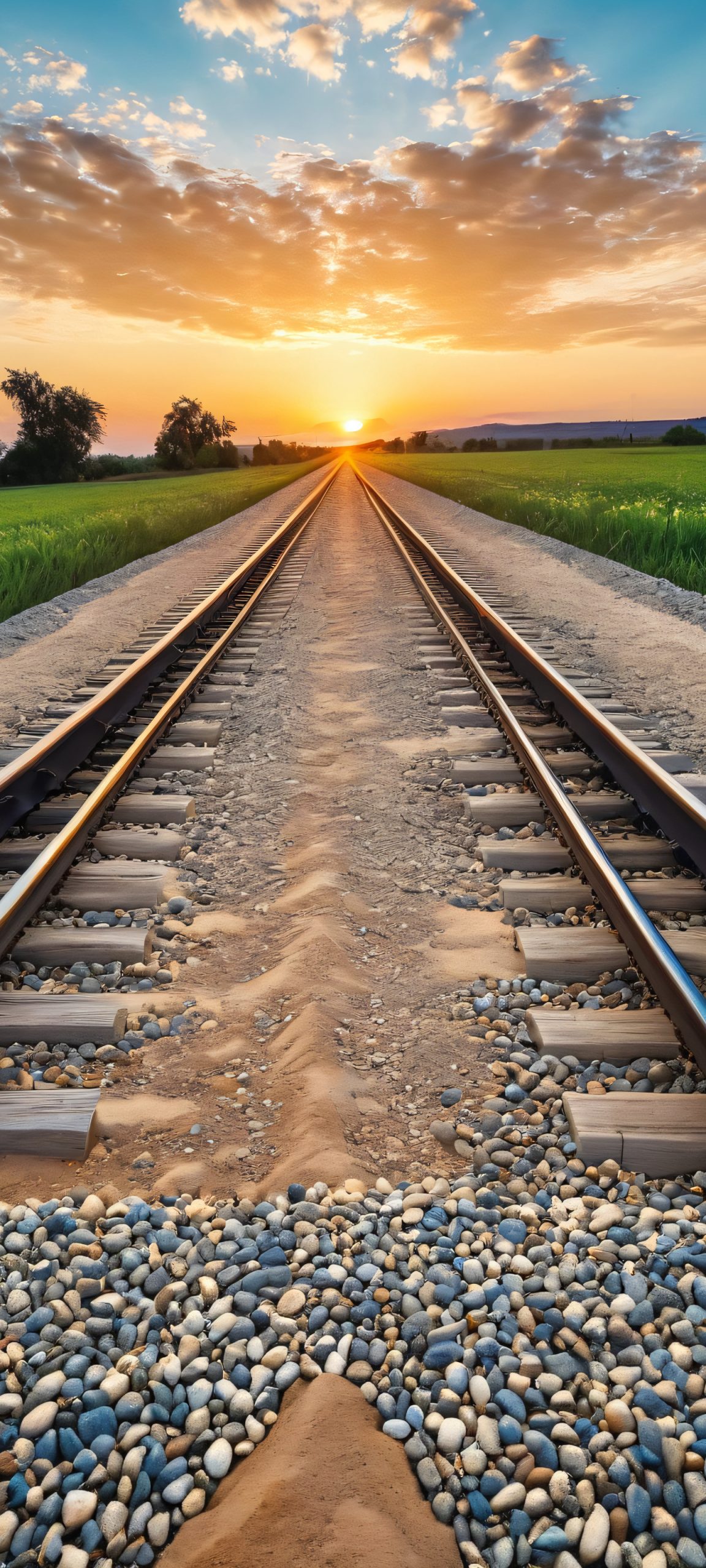 A serene rural landscape at golden hour, featuring train tracks that stretch into the distance, with a cool blue and white atmosphere, perfect for iPhone/Android home screens.