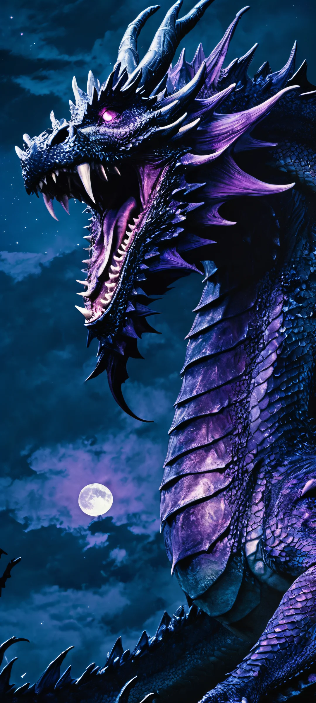 A stunning vertical artwork of Dragon Battle set against a dark, moonless night sky. Perfectly optimized for iPhone and Android home screens.