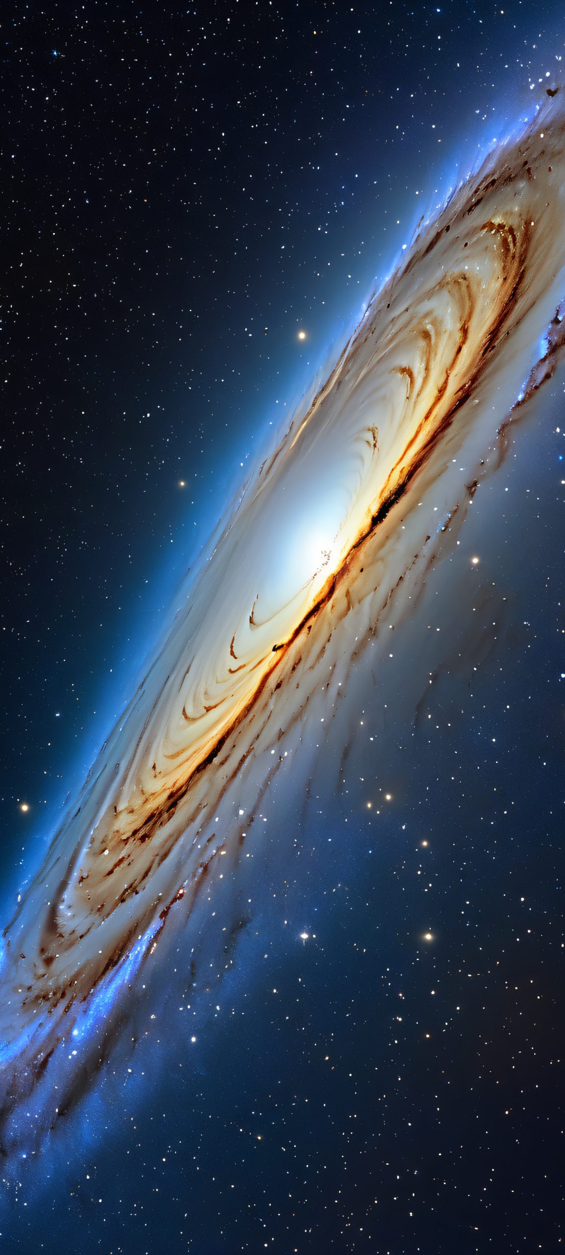 Breathtaking Andromeda Galaxy night sky wallpaper for iPhone and Android, featuring deep blues, soft whites, and warm golds. Perfectly optimized for mobile phones.