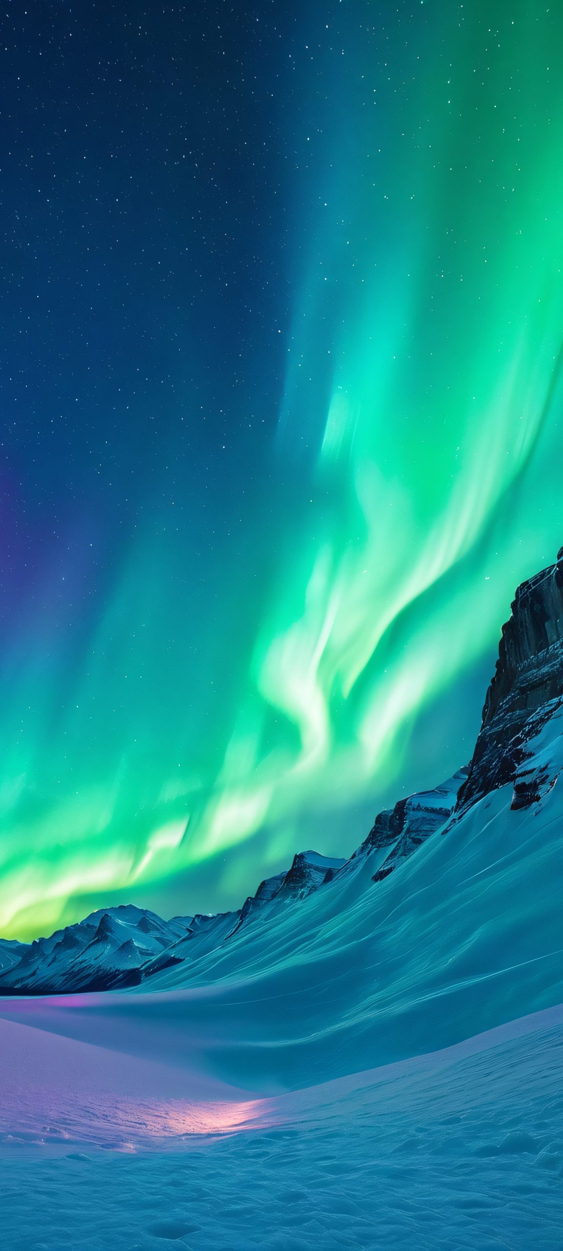 iPhone and Android users, immerse yourself in this stunning moonlit aurora display, featuring swirling clouds of ethereal blues and purples, perfectly optimized for your mobile home screen.