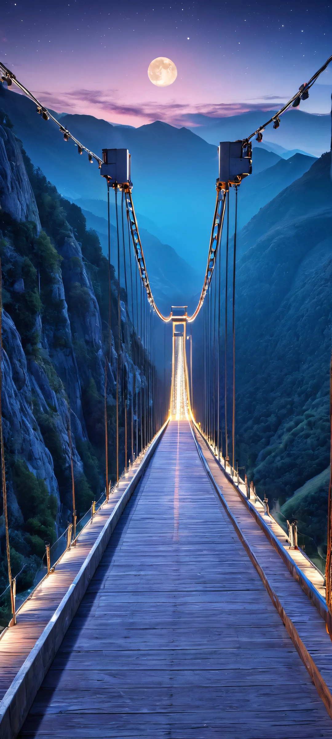 Illuminated bridge cables at night on iPhone and Android devices.