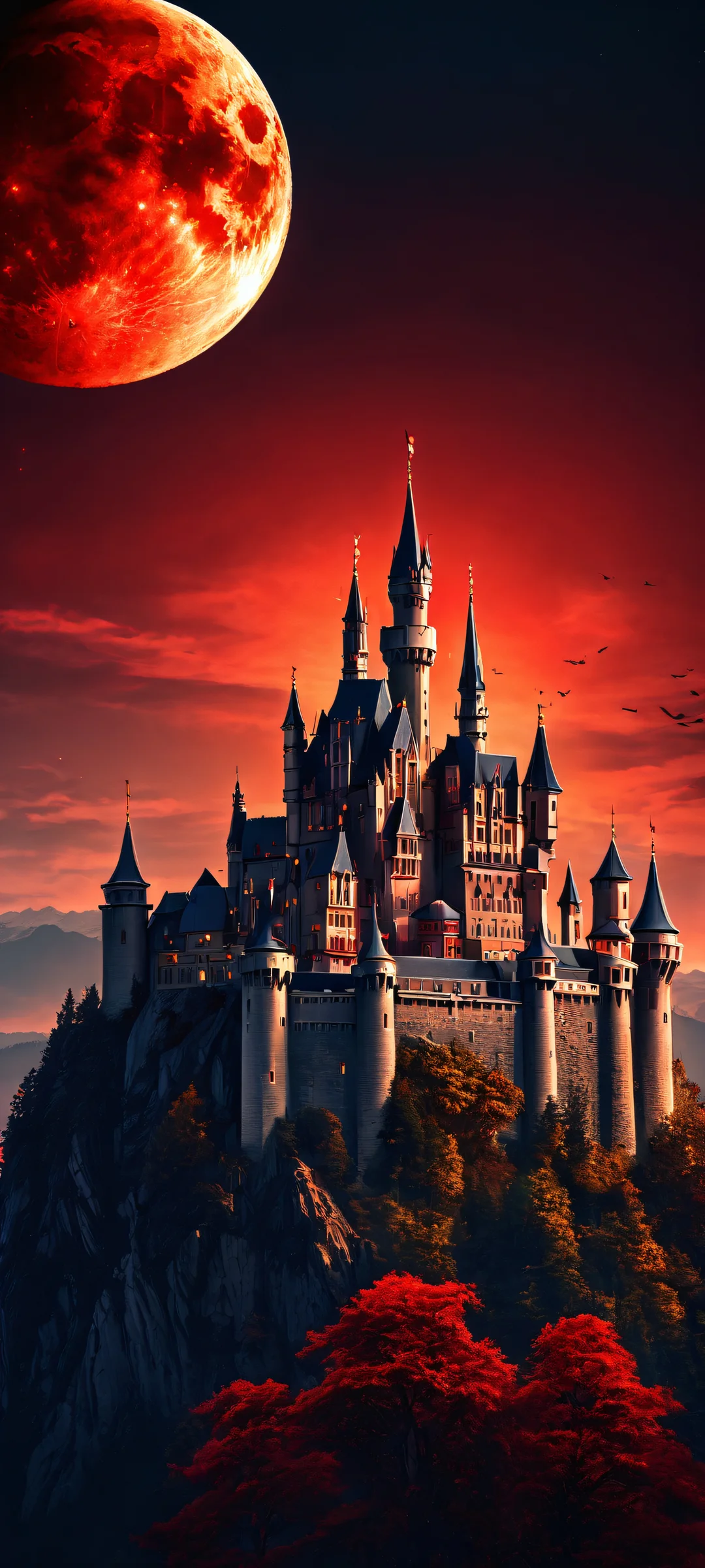 A majestic moonlit castle against a dark red background, perfectly suited for iPhone and Android home screens.