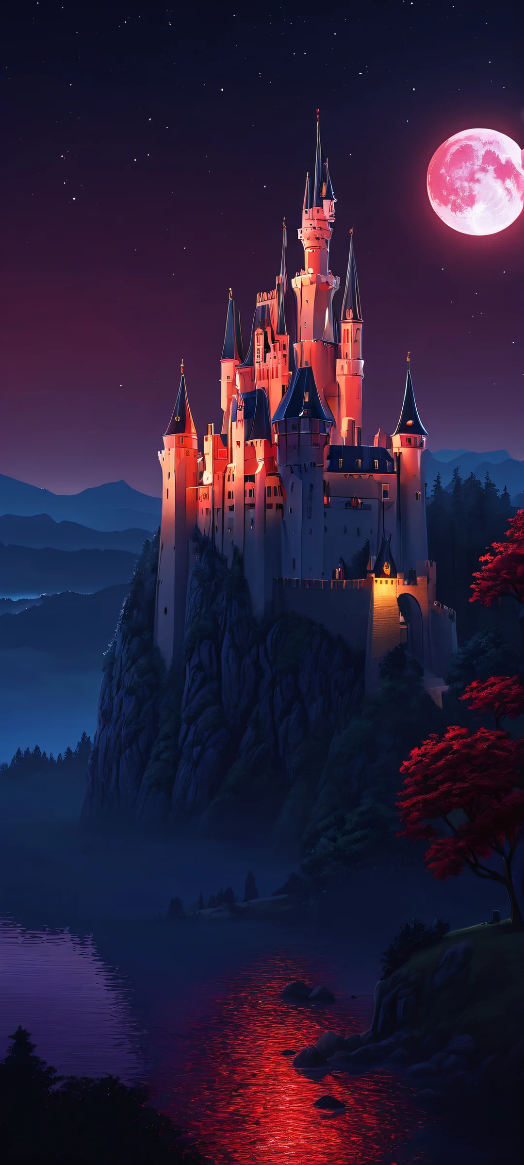 A stunning vertical mobile phone wallpaper of a moonlit castle, perfect for your iPhone or Android home screen.
