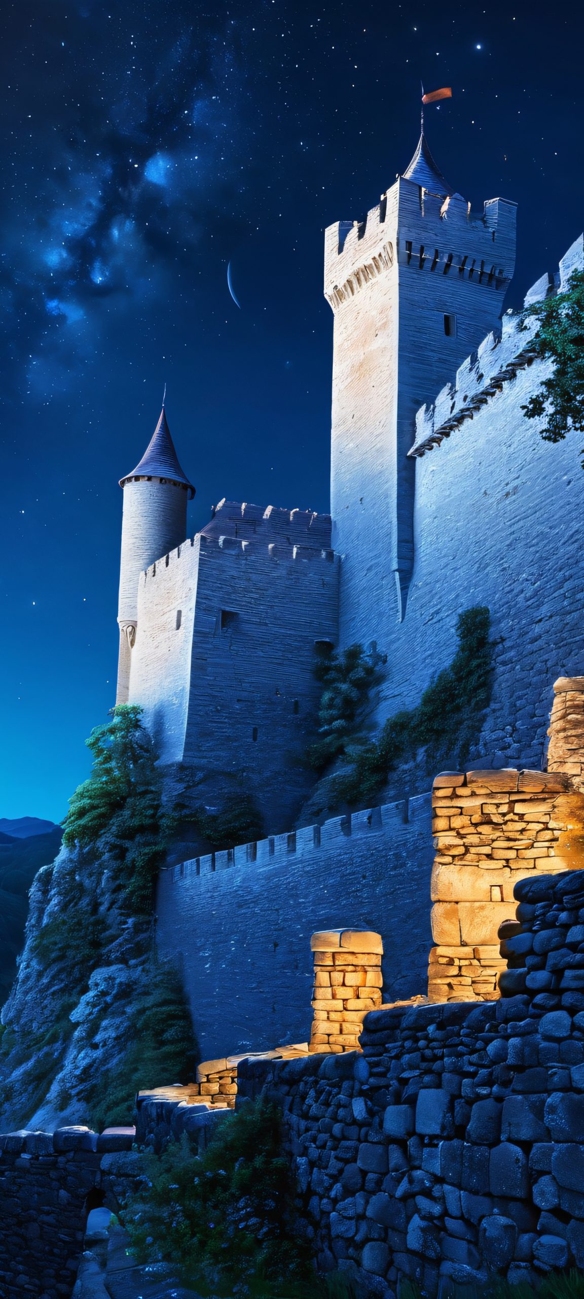Moonlit Castle Walls 2K Mobile Background A stunning vertical iPhone and Android wallpaper of castle walls at night, with a soft focus and vibrant deep blues and starlight whites. Perfect for your mobile device.