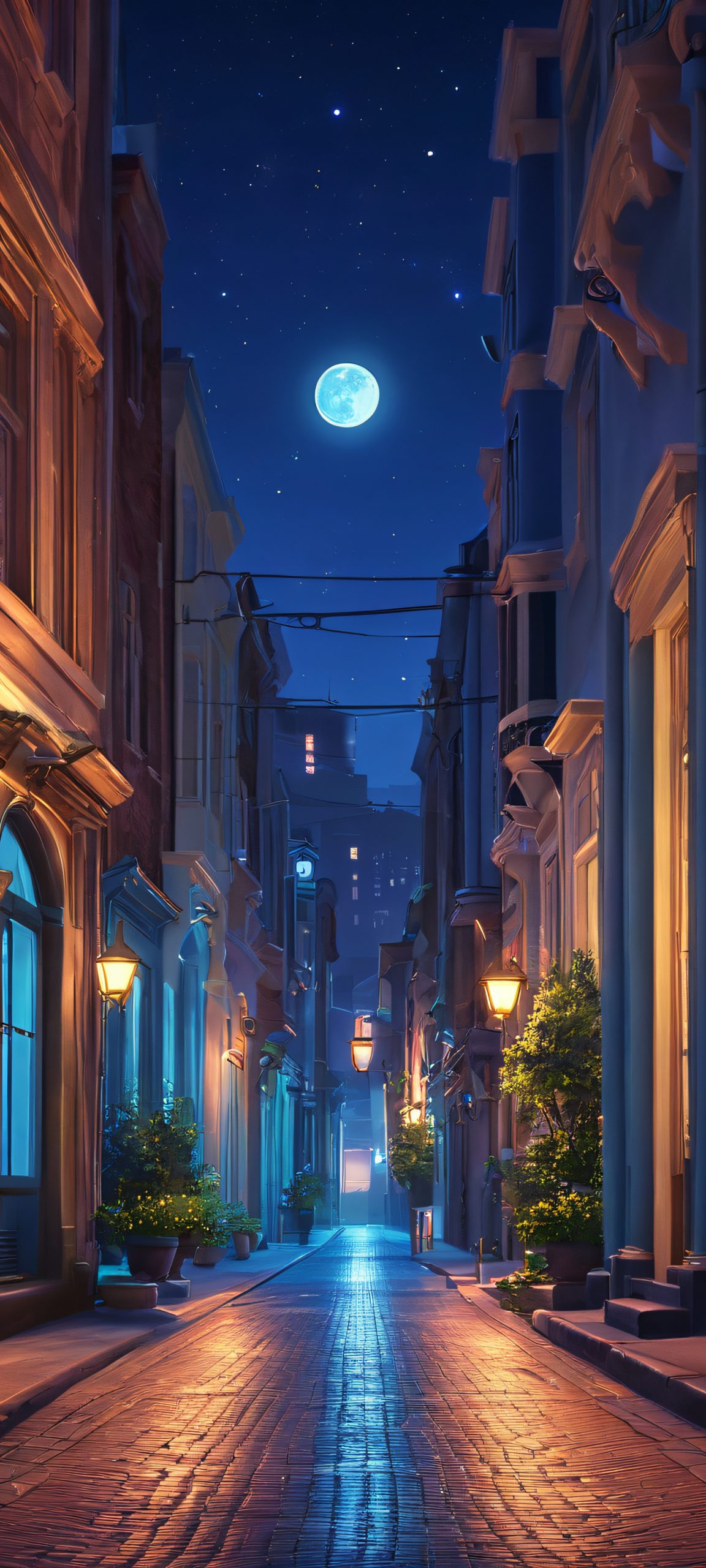 A serene night scene of city streets under the moonlight, perfect for iPhone and Android devices.