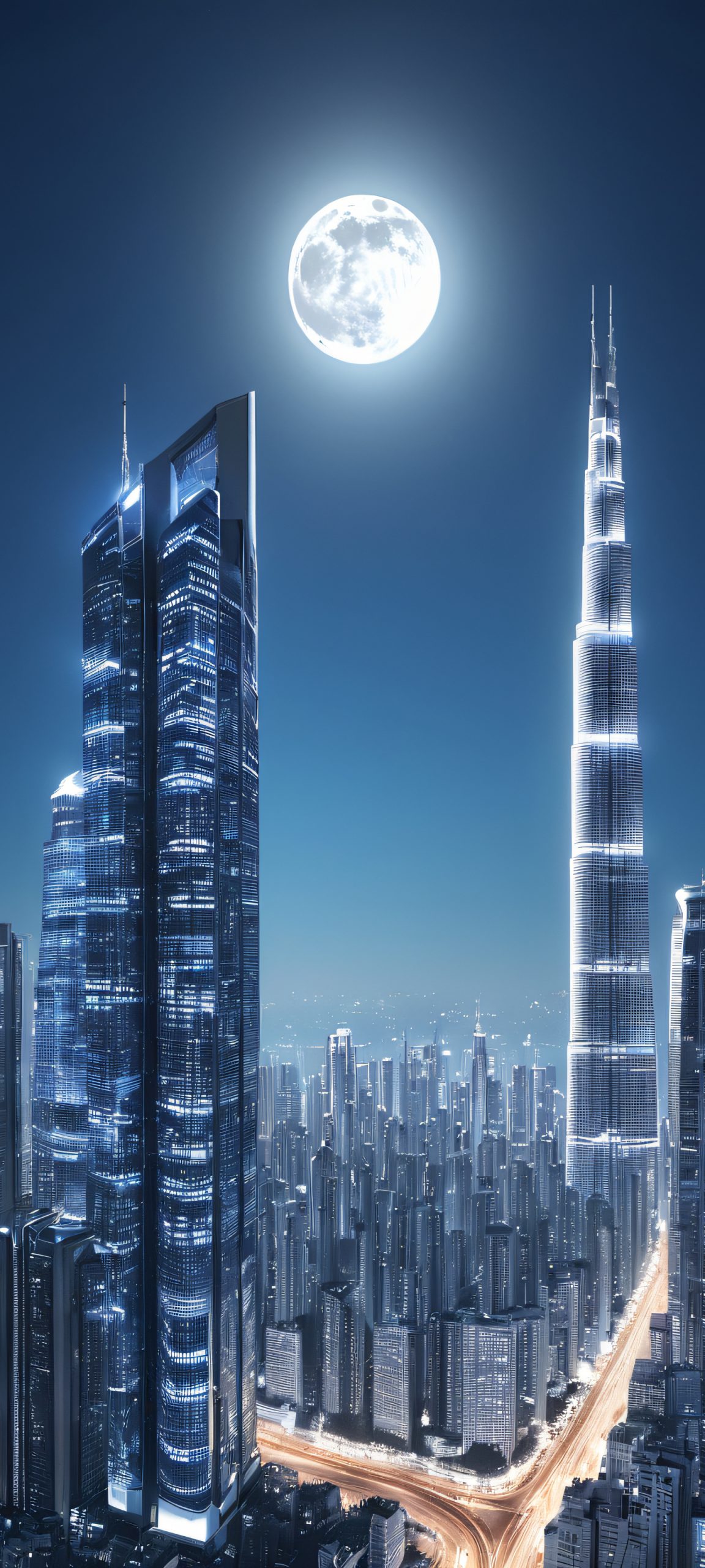 A stunning vertical mobile wallpaper of a cityscape at night, perfectly suited for iPhone and Android devices, featuring vibrant blue, grey, and white hues.