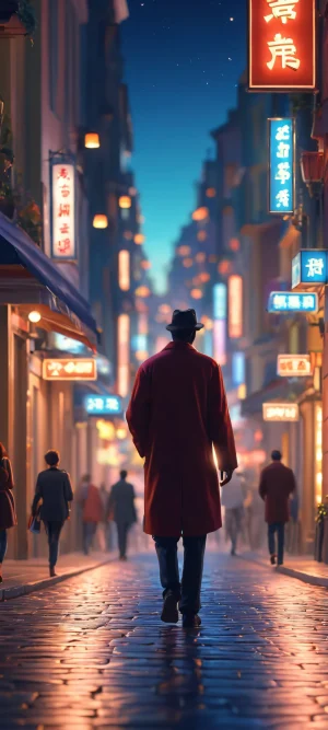 A serene night scene of people walking along a city street, ideal for iPhone/Android devices.