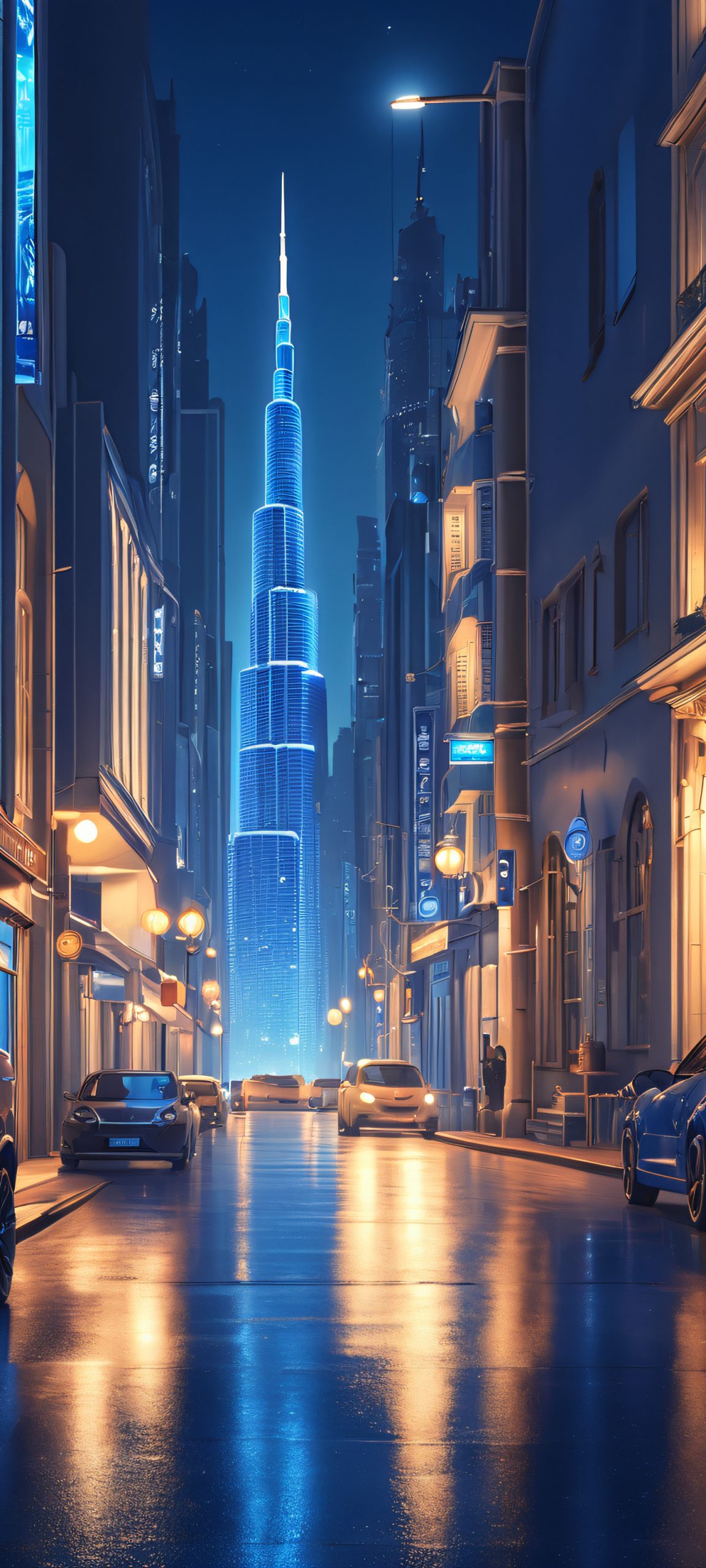 iPhone and Android compatible moonlit cityscape wallpaper, showcasing a breathtaking urban landscape bathed in shades of blue and warm whites.