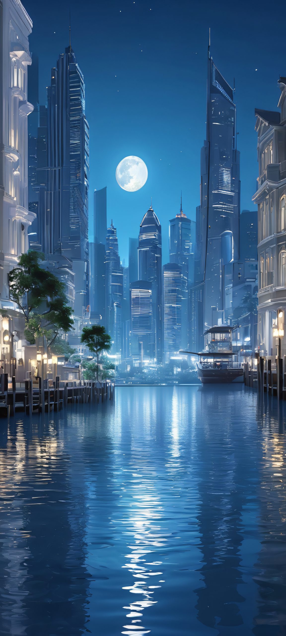 iPhone and Android users, behold the breathtaking moonlit cityscape with its stunning blue-grey waters and majestic skyscrapers. Perfectly optimized for your mobile home screen.