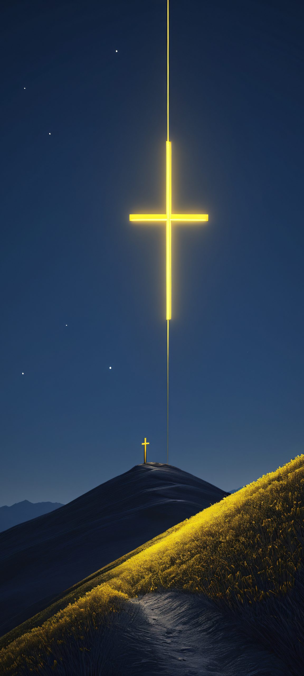 A serene moonlit cross stands tall on a hill, beautifully lit by the soft glow of the moon against a dark blue and grey night sky, perfect for iPhone and Android home screens.