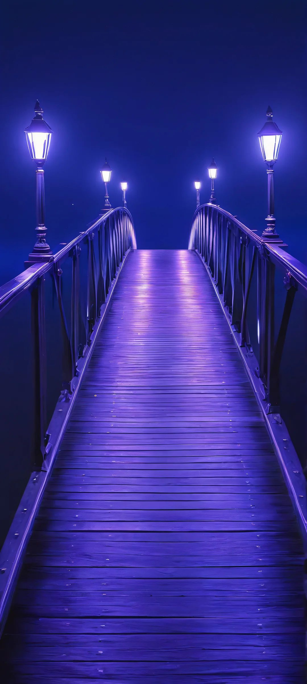 A serene nighttime scene of a bridge crossing over a dark river, with the moon shining bright and iPhone/Android in the foreground.