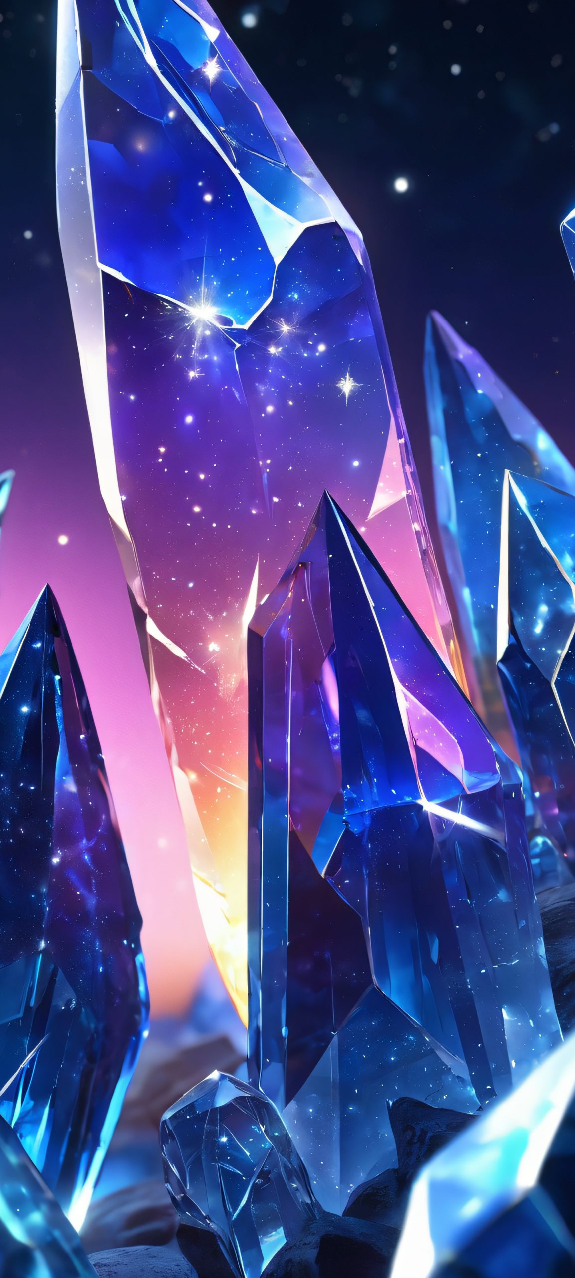 Moonlit Crystal Cascade Aesthetic Phone Wallpaper Beautifully lit crystal shards against a starry night sky, perfect for your iPhone or Android home screen.