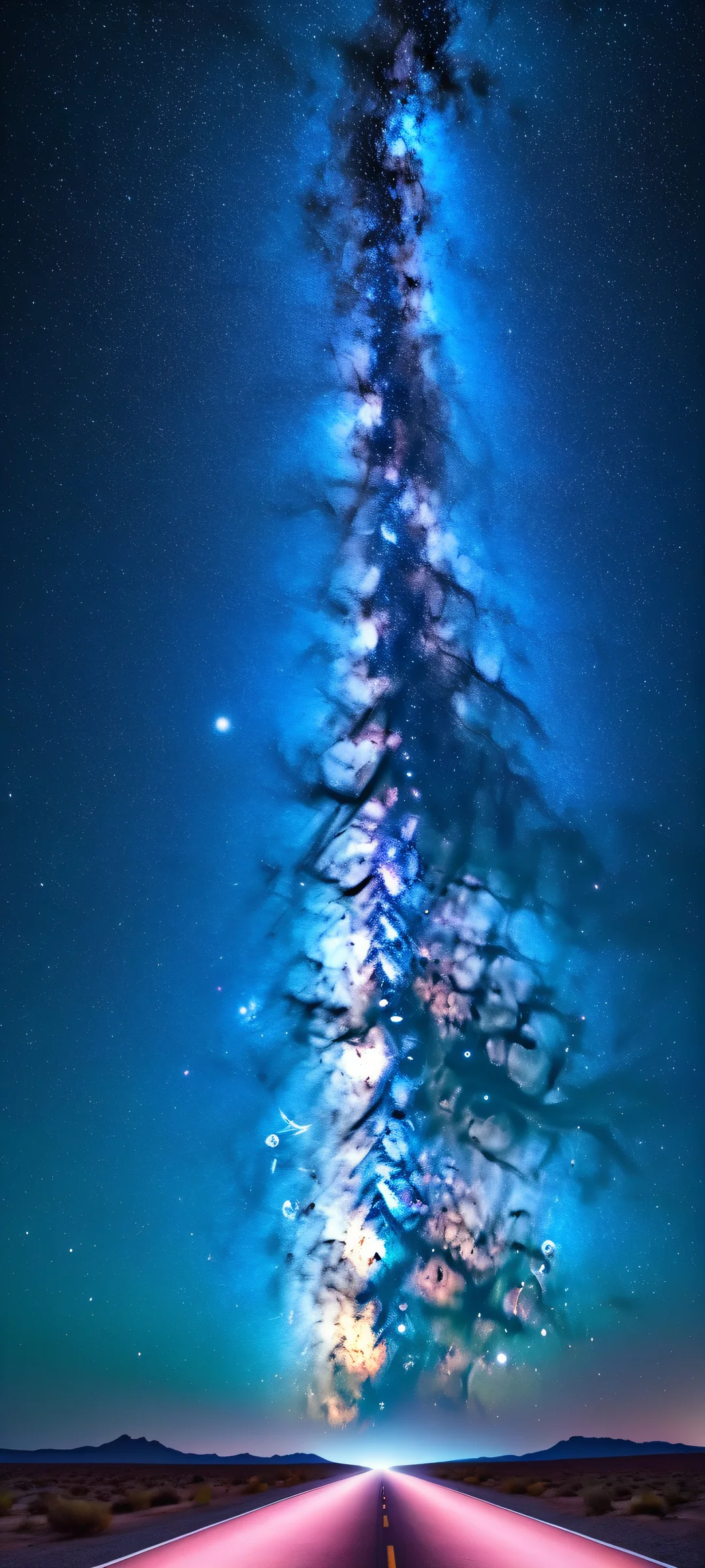 Breathtaking Milky Way landscape on a desert highway at night. Perfectly optimized for iPhone and Android home screens.