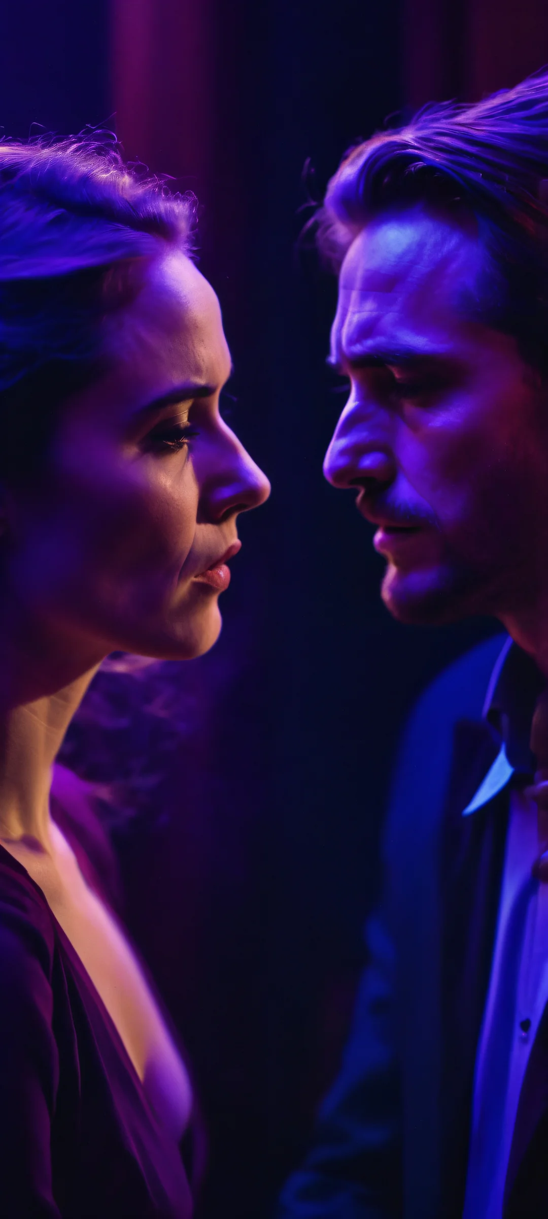 A dramatic low-poly artwork of a couple arguing under the moonlight. Perfect for iPhone and Android home screens, with dark blues and purples.