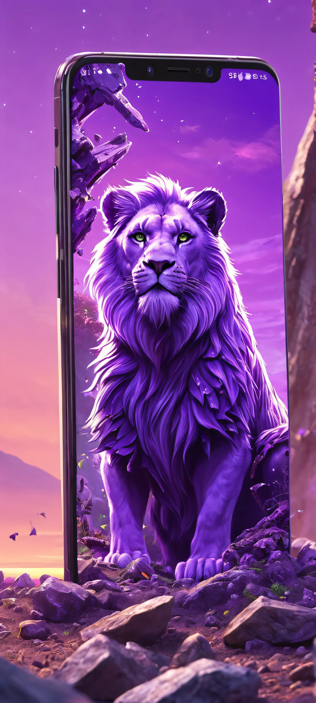 A majestic dragon amidst a backdrop of purple moonlight, surrounded by debris, for iPhone and Android screens.