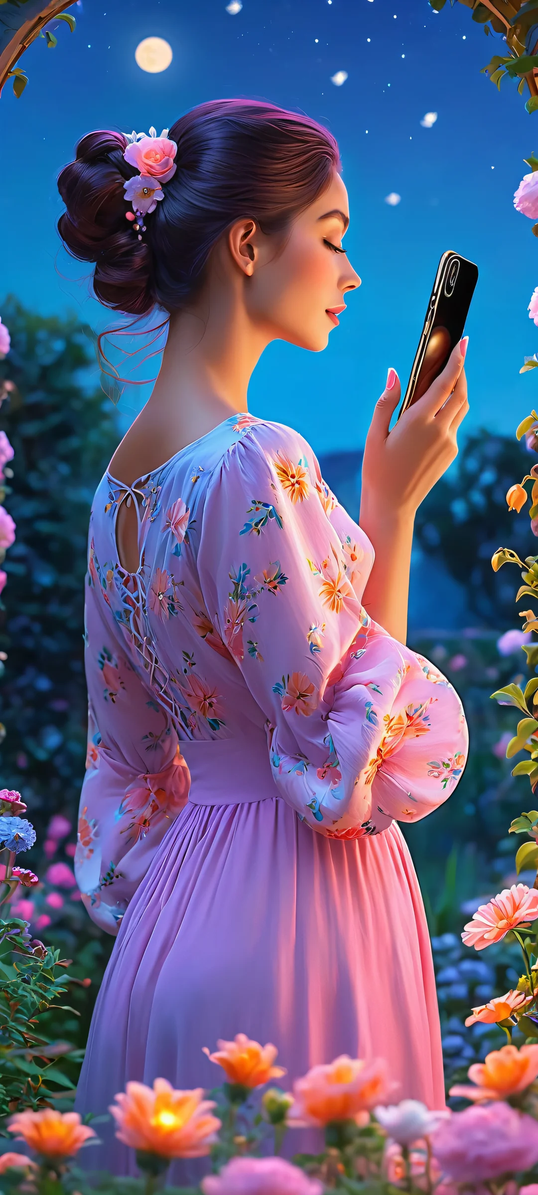 A magical moonlit scene of a woman surrounded by lush greenery and vibrant flowers, parfaitement optimisé pour iPhone, SamsungGalaxy, et écrans d'accueil Android.