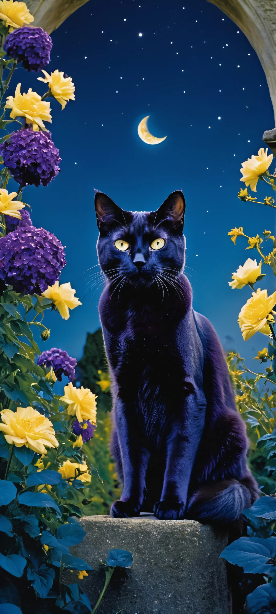 A majestic cat sits amidst a surreal moonlit garden, perfectly optimized for iPhone/Android home screens.