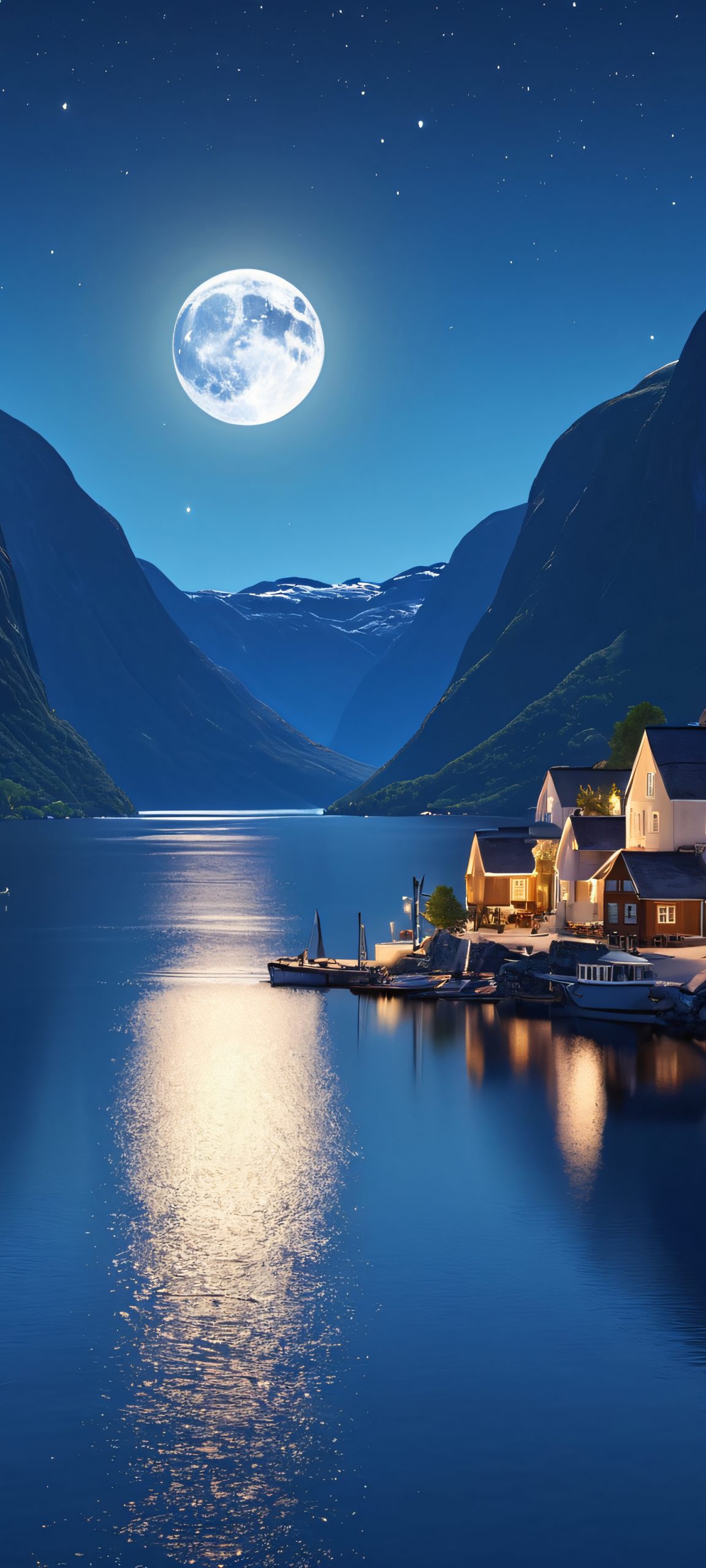 A serene and peaceful moonlit landscape of Fjord Town, perfect for iPhone, Android, or Samsung Galaxy home screens.