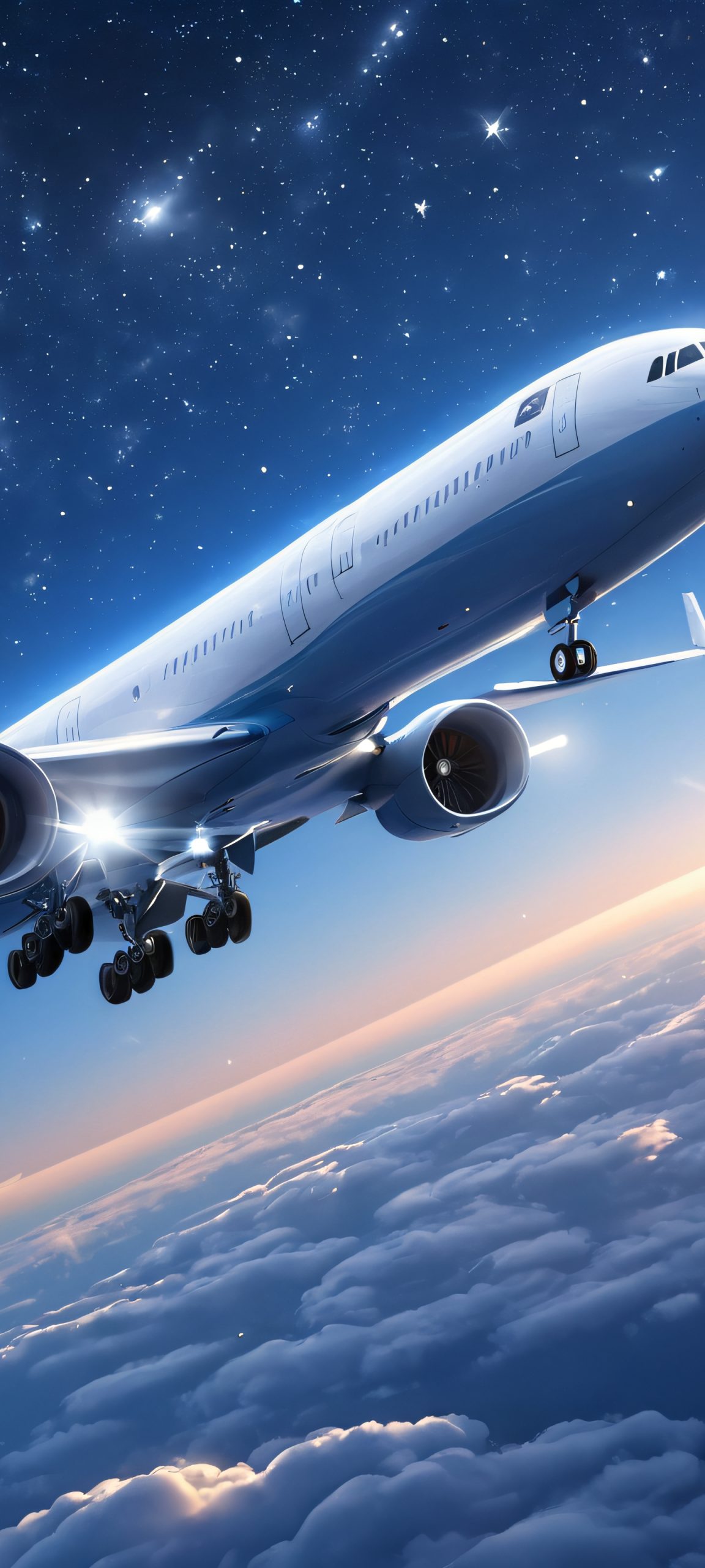 A stunning iPhone and Android compatible wallpaper of a plane flying under a starry night sky, perfectly optimized for your mobile device.