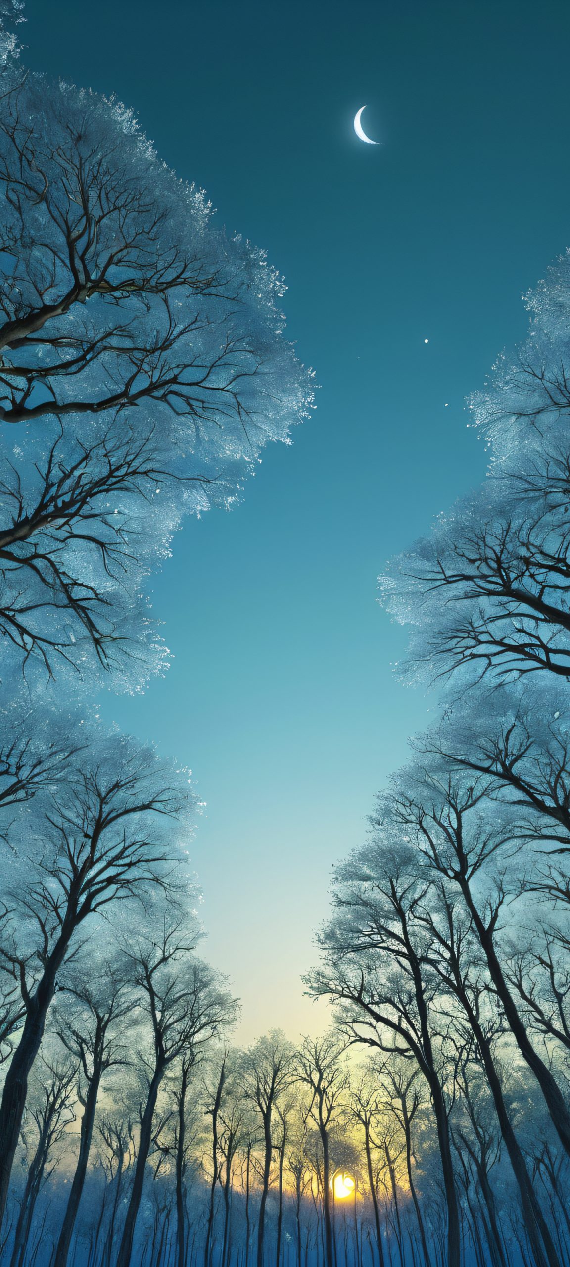 A serene scene of towering trees illuminated by the soft glow of the moon, perfect for your iPhone/Android home screen.