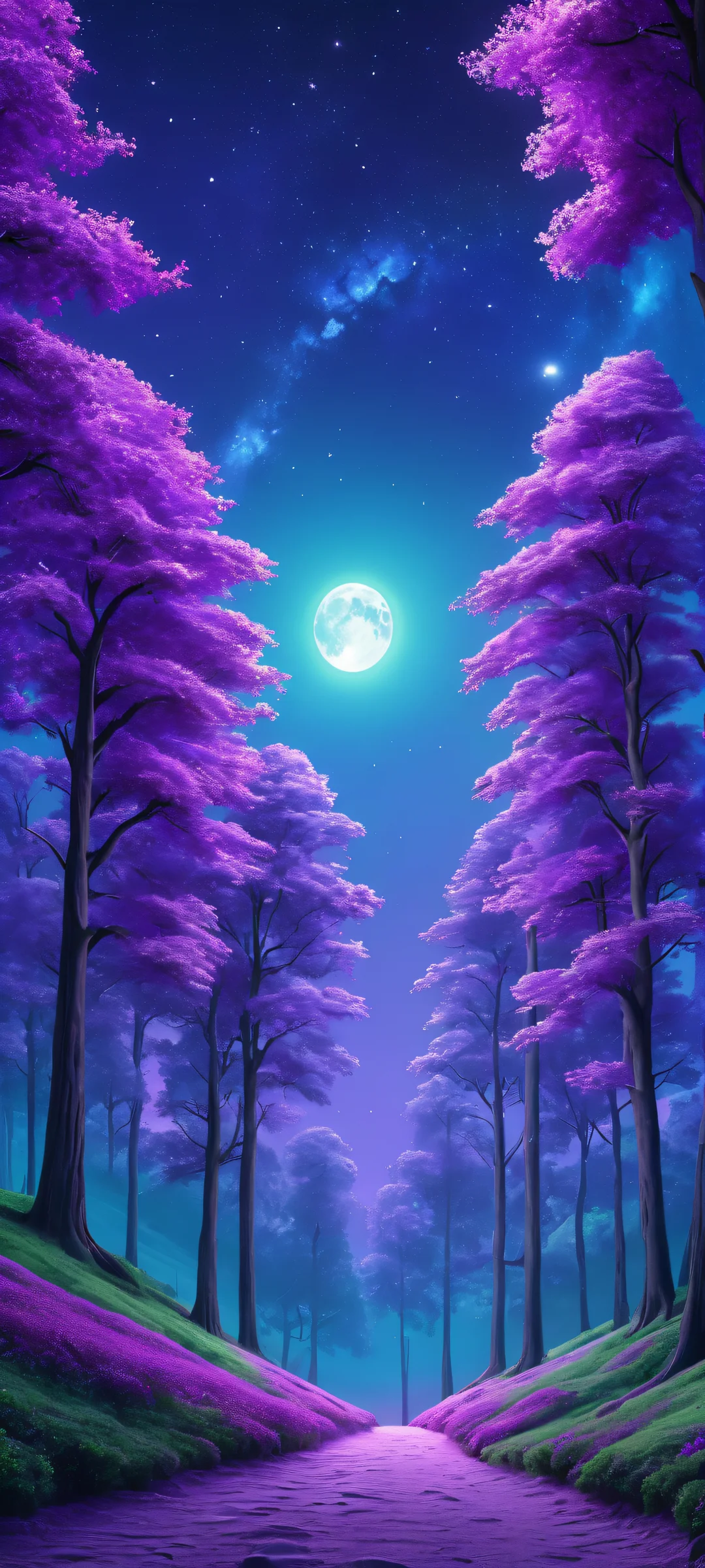 A surreal and breathtaking moonlit forest scene for iPhone/Android, perfect for your mobile home screen.