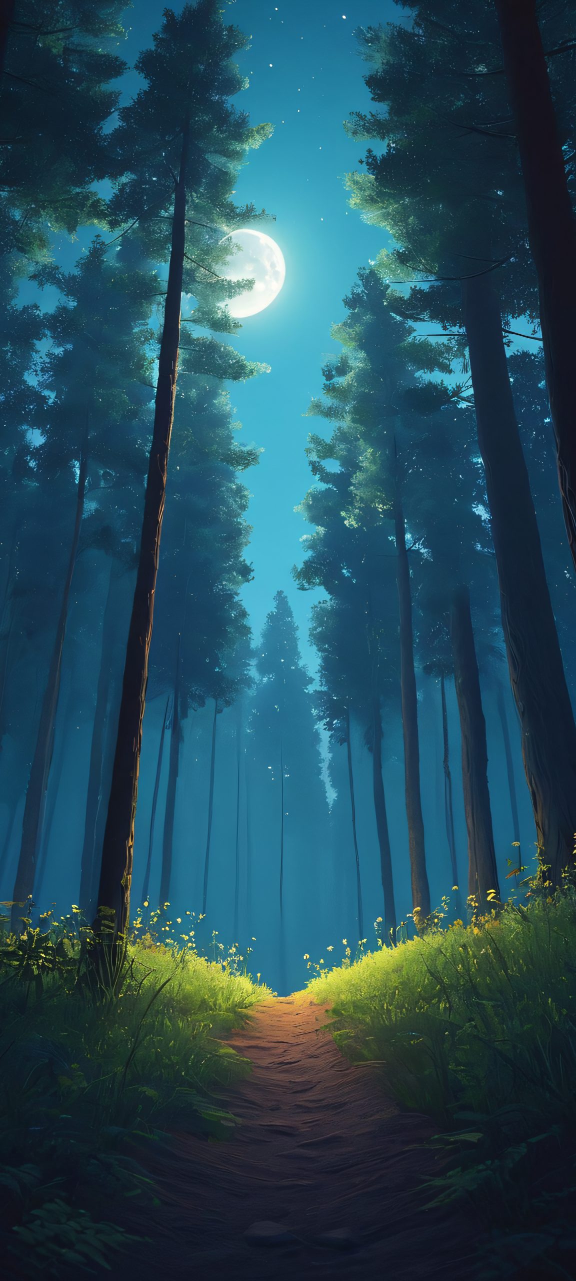 A serene, minimalist forest scene under a glowing moon, perfect for iPhone/Android home screens