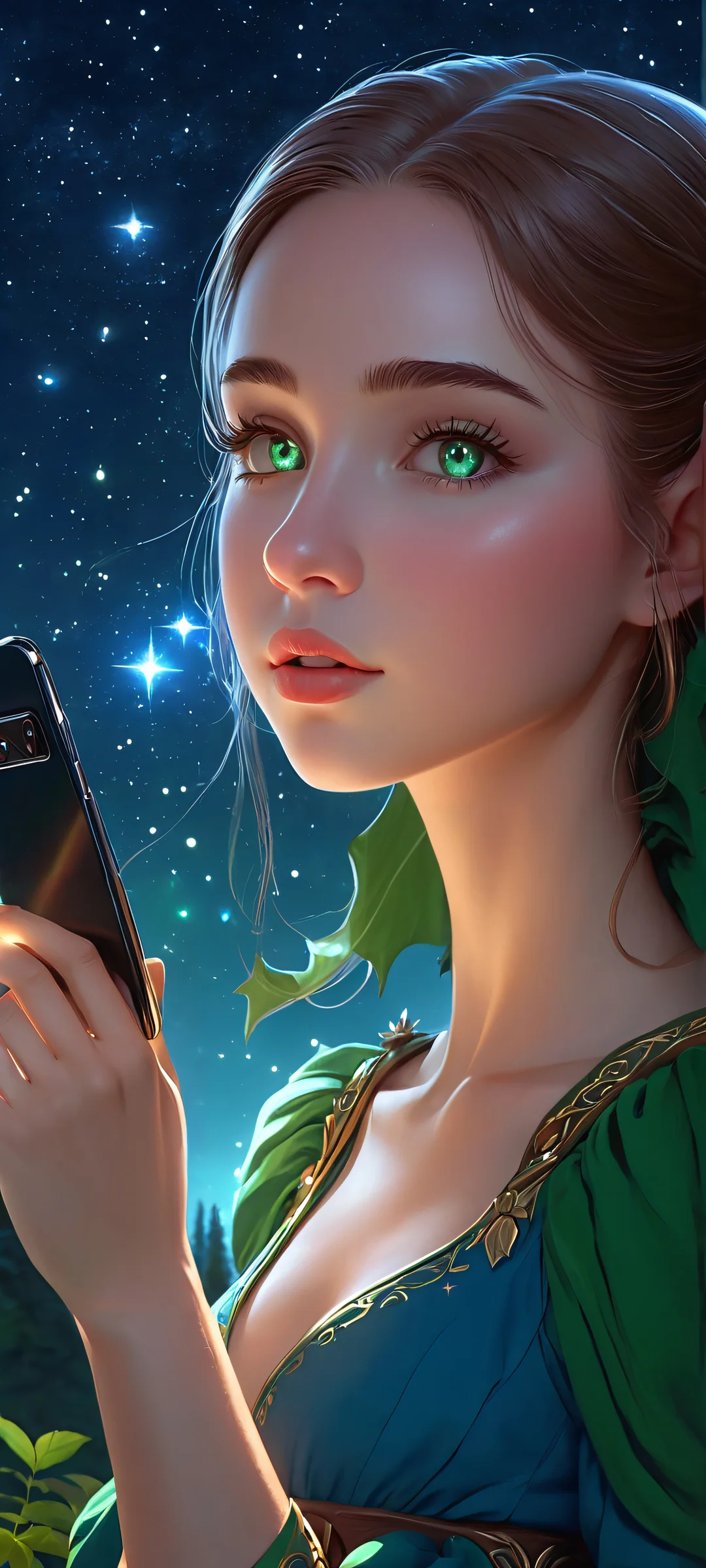 A serene elf girl stands beneath a starry night sky amidst a forest of towering trees. Perfectly optimized for iPhone, Samsung Galaxy, and Android home screens.