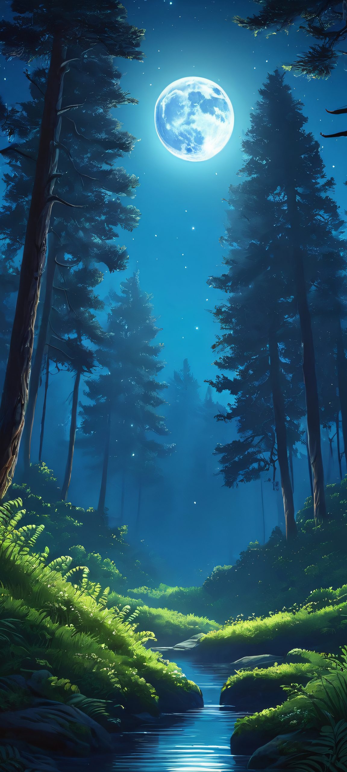 A serene moonlit forest landscape, perfectly optimized for iPhone, Samsung Galaxy, and Android home screens